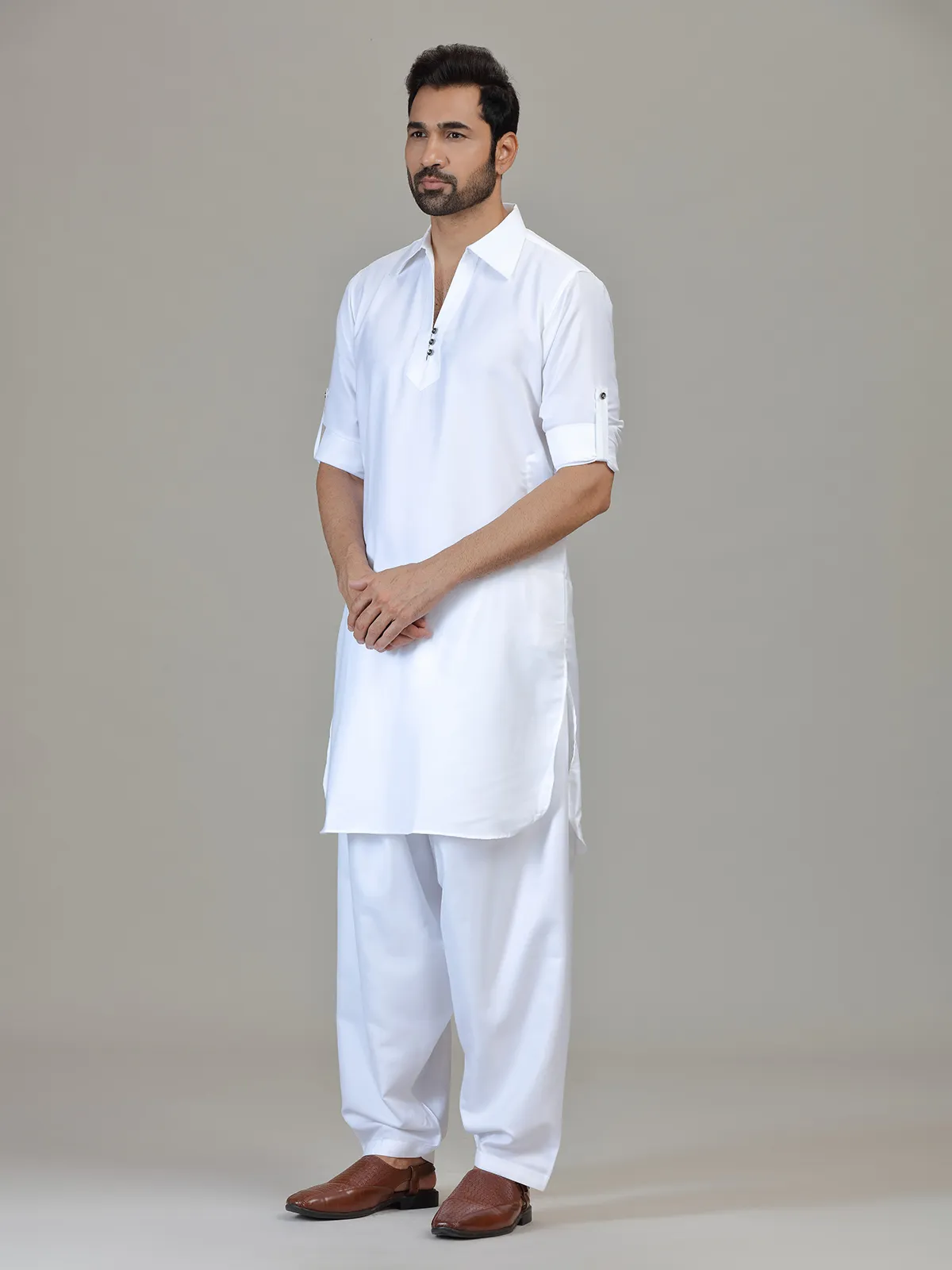 White cotton silk pathani kurta suit for festive celebration