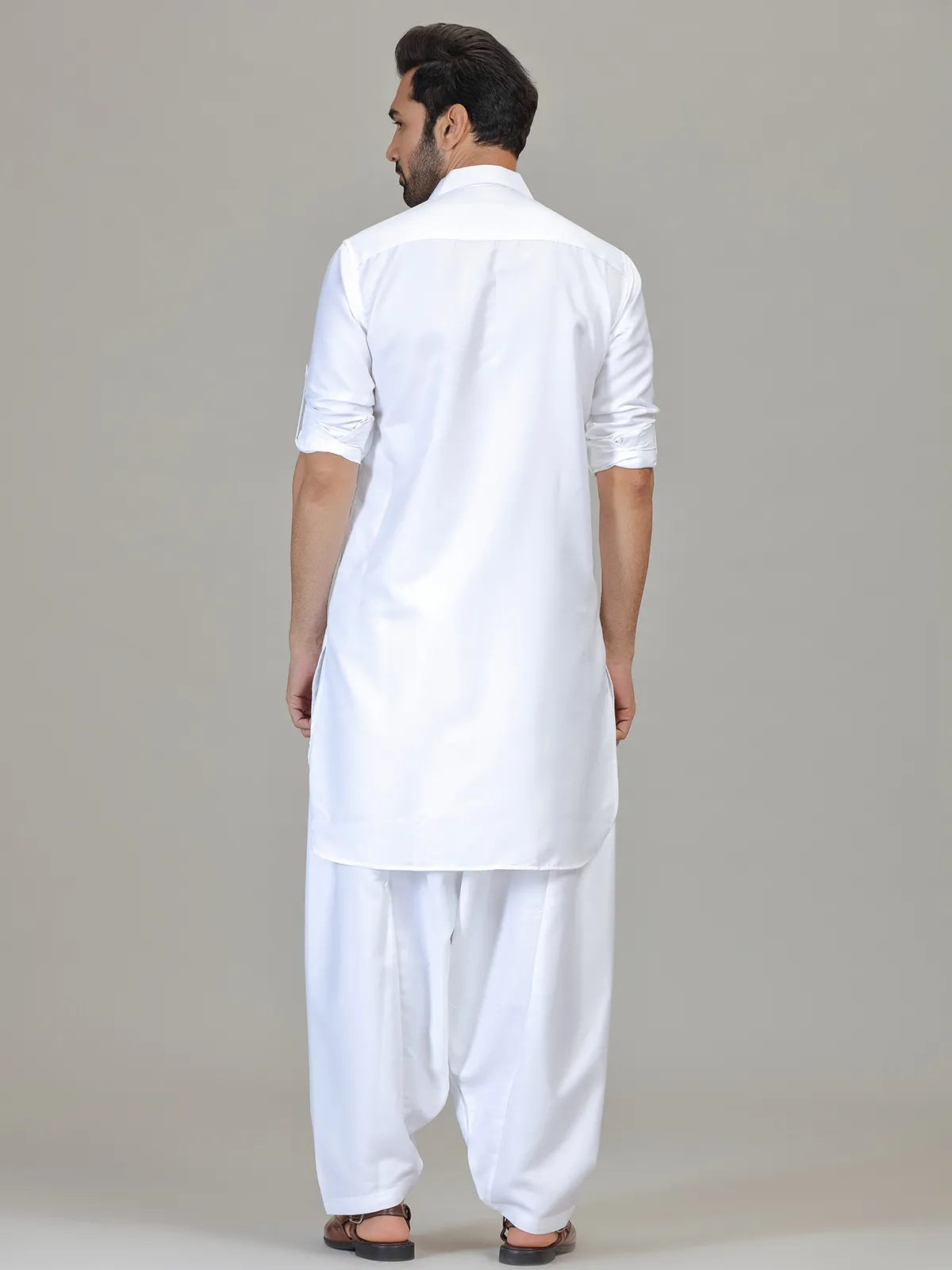 White cotton silk pathani kurta suit for festive celebration