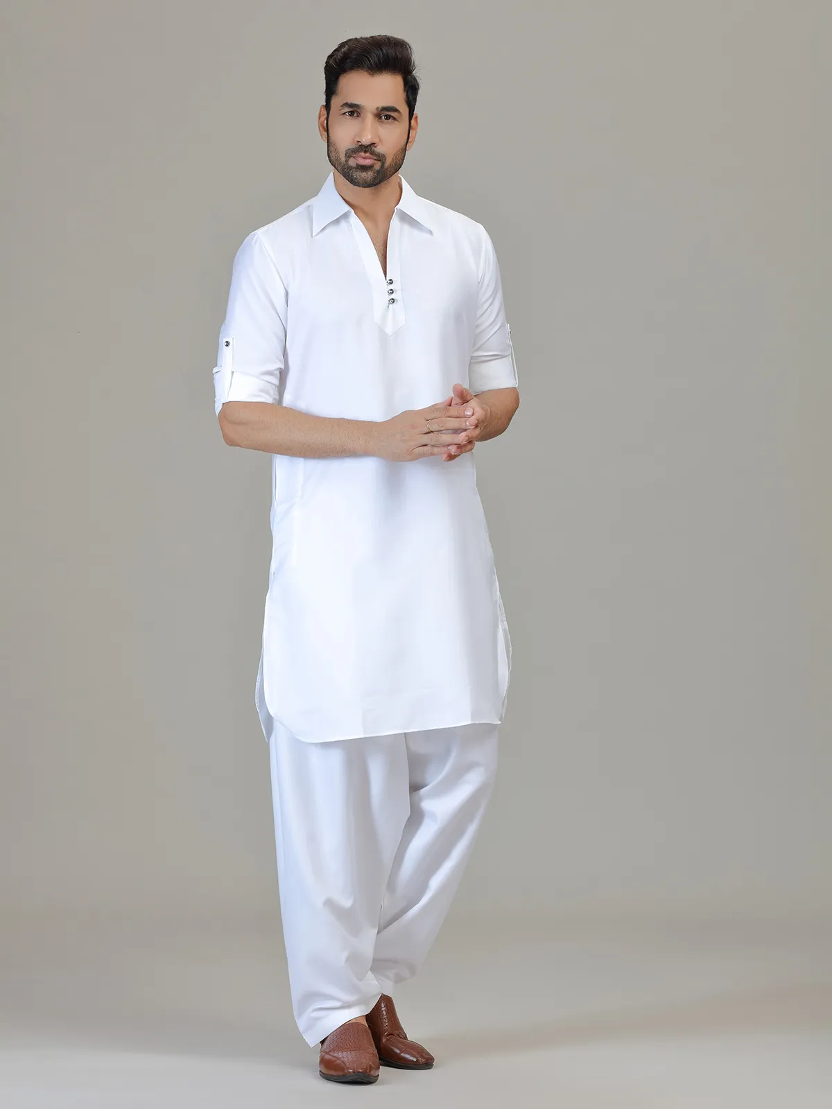 White cotton silk pathani kurta suit for festive celebration