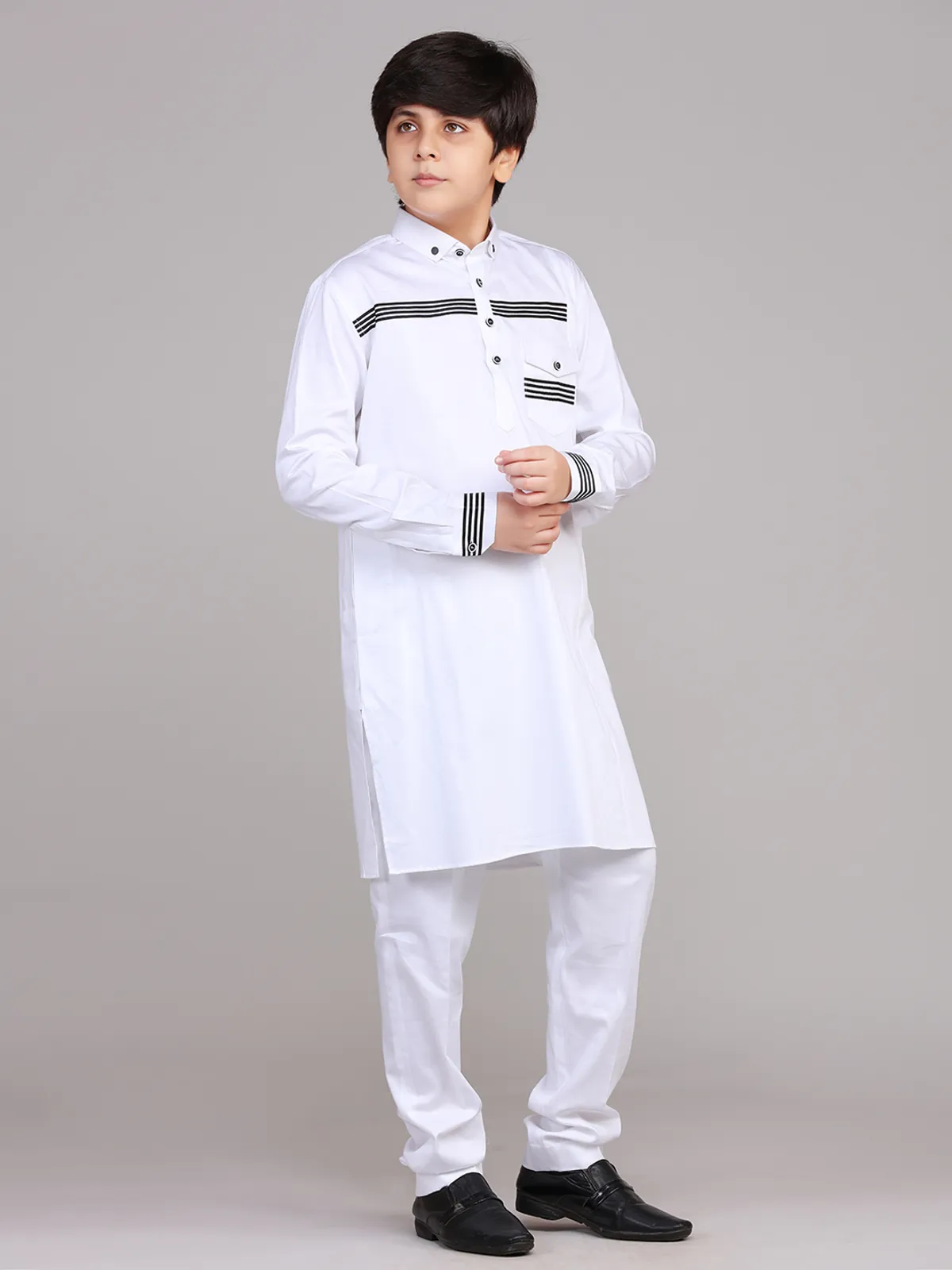 White cotton solid boys pathani suit