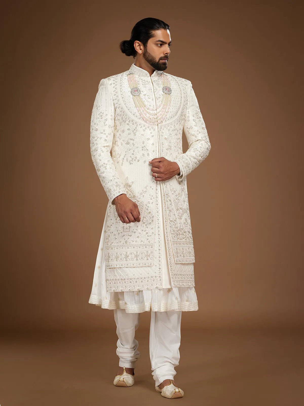 White embroidery sherwani in raw silk