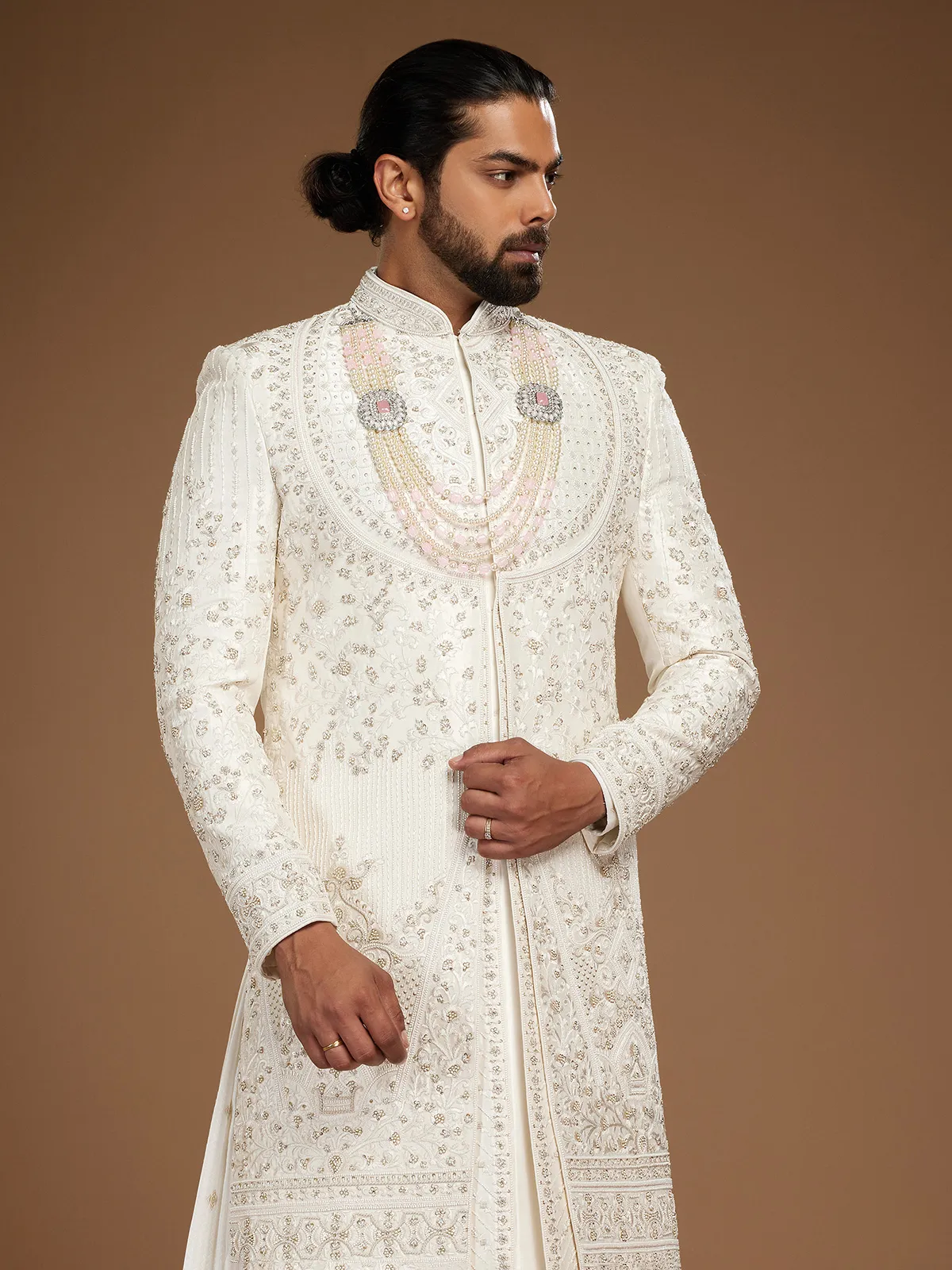 White embroidery sherwani in raw silk
