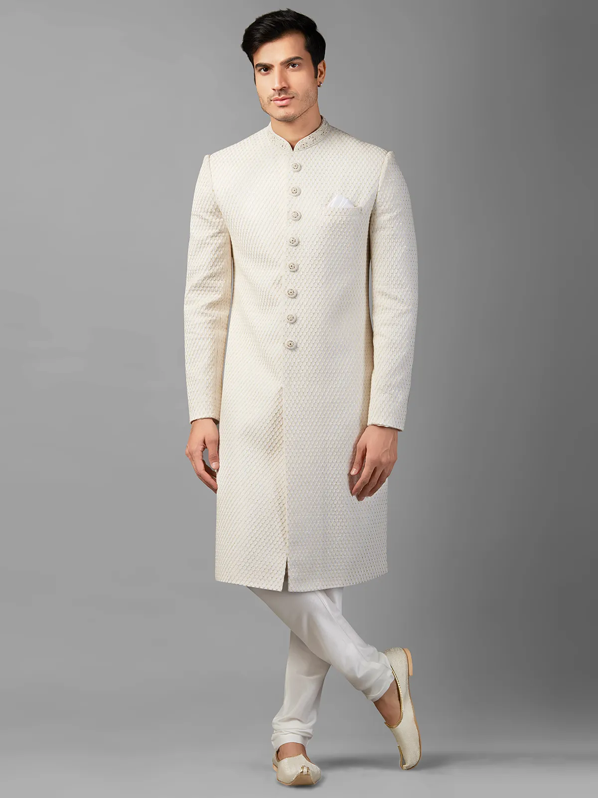 White embroidery sherwani in silk
