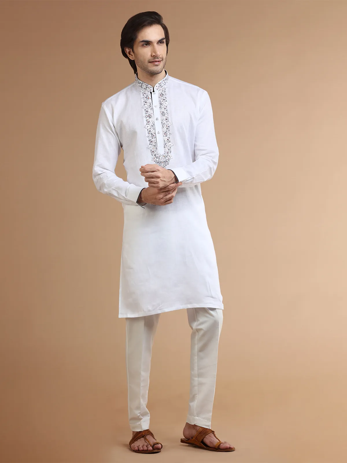 White festive  Men Kurta pajama in linen