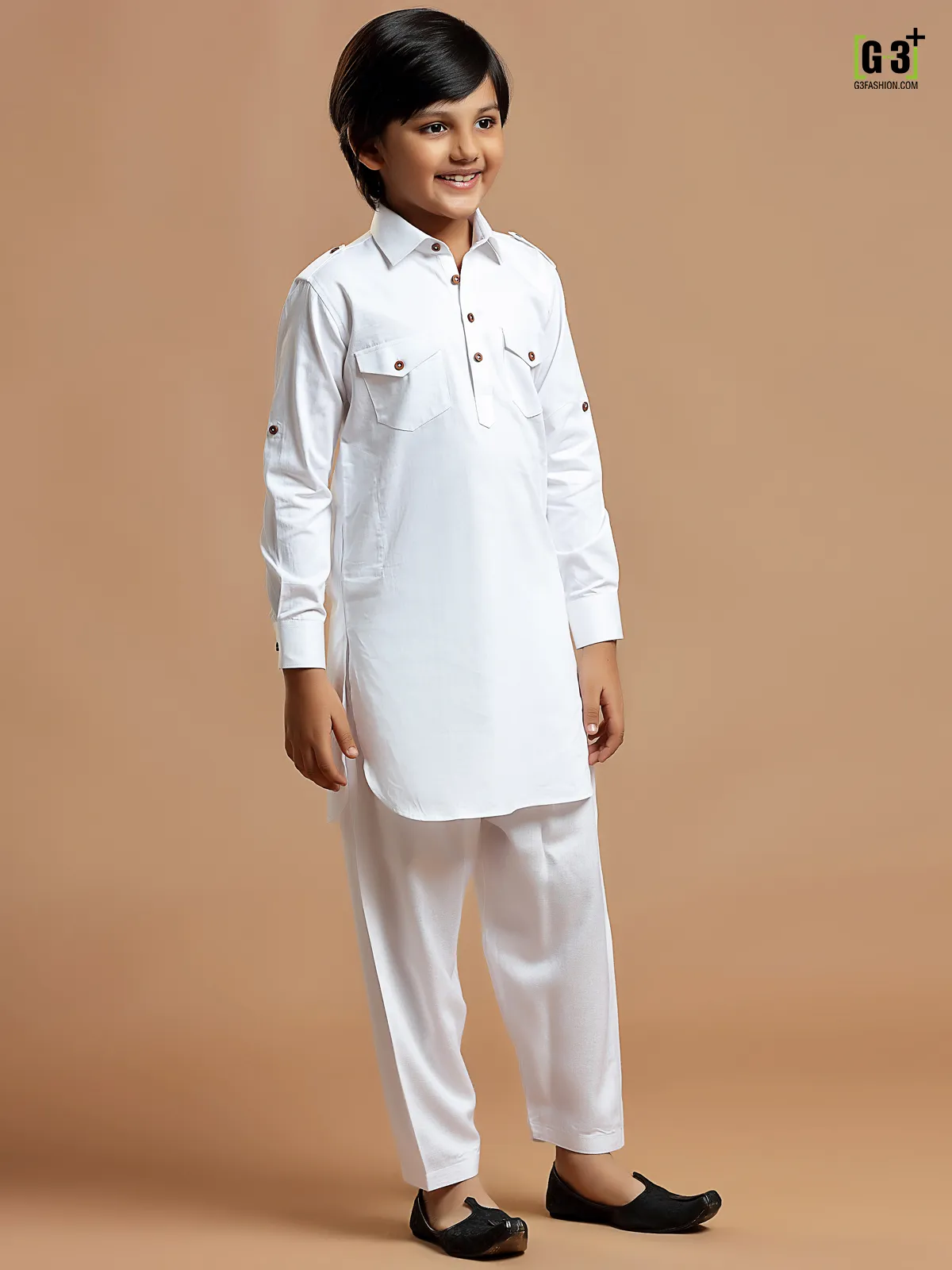 White festive season boys pathani suit in cotton silk