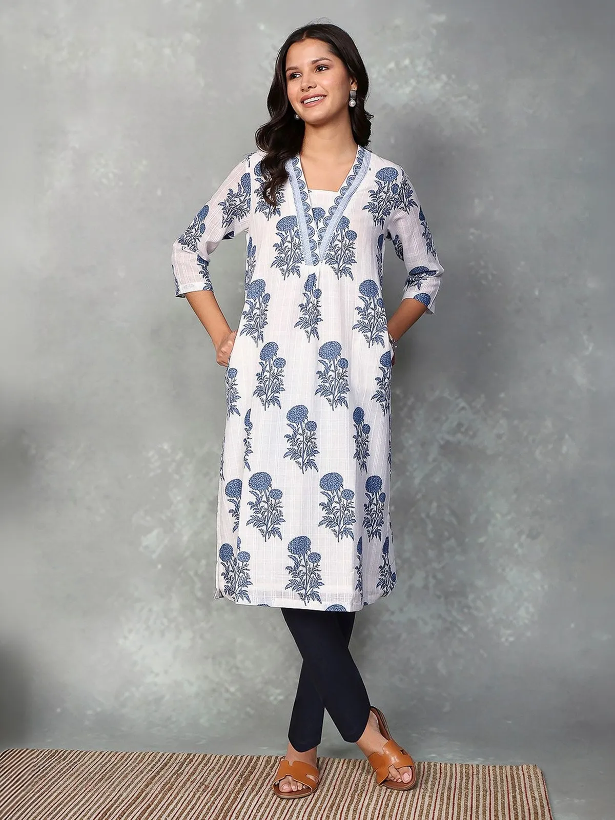White floral printed linen cotton casual kurti