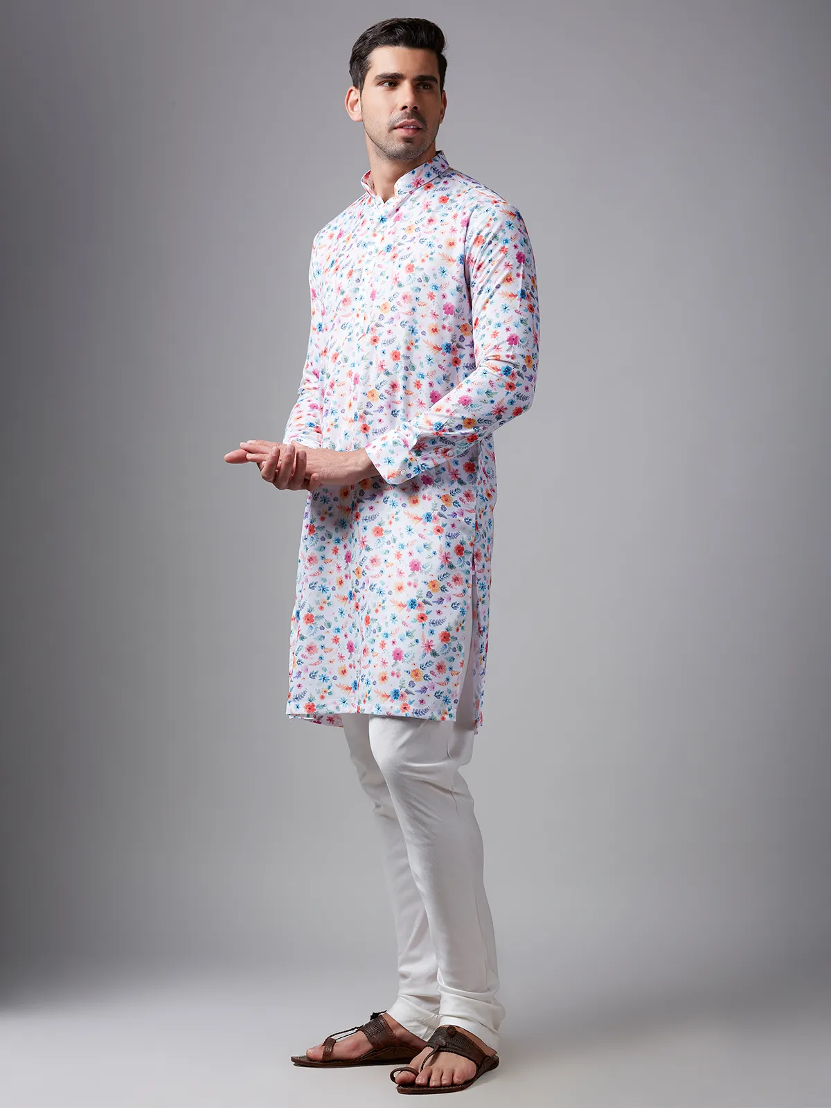 White floral printed linen  Men Kurta pajama