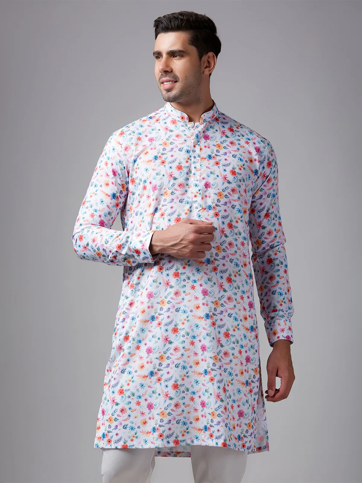 White floral printed linen  Men Kurta pajama