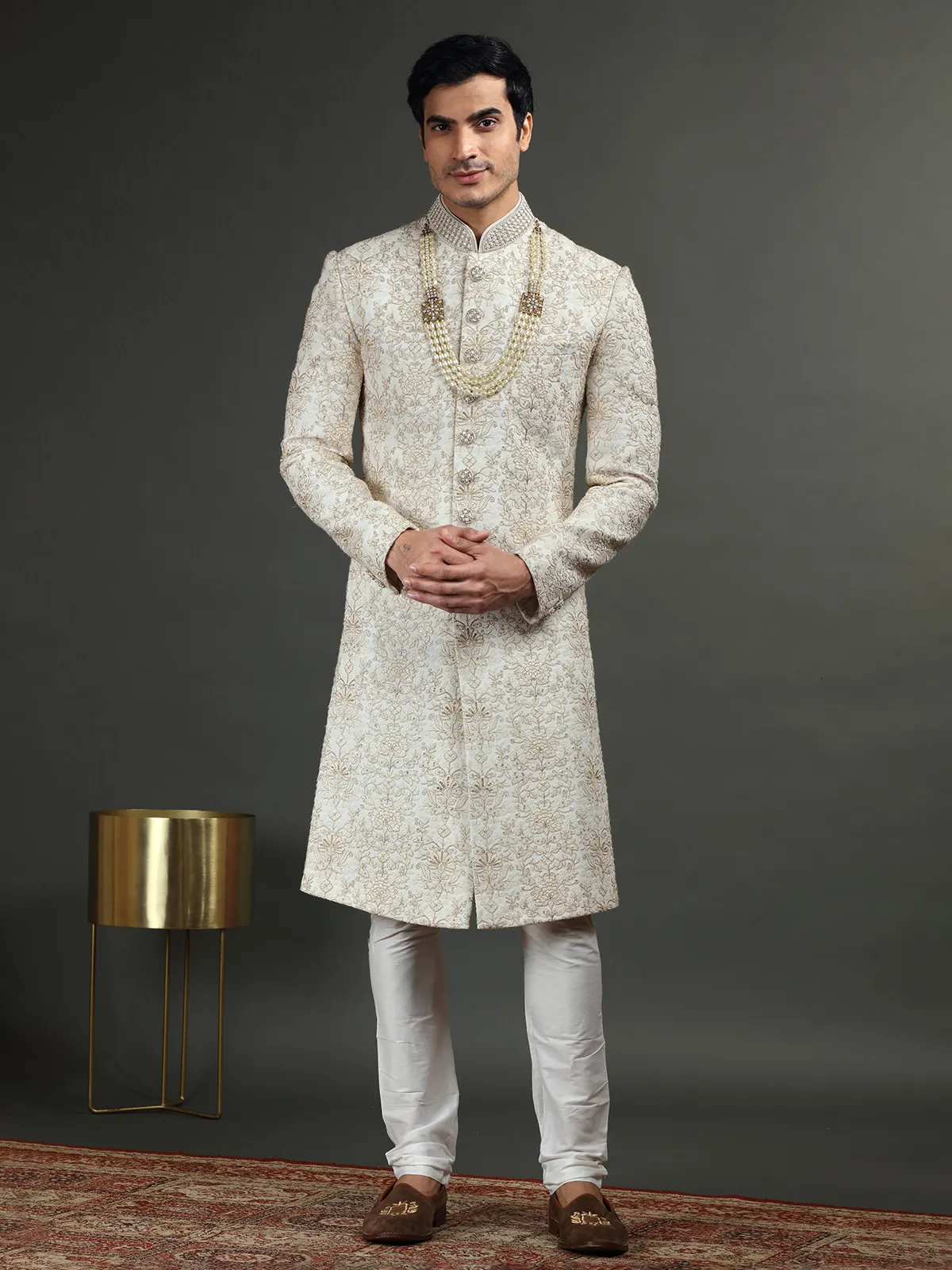 White georgette groom wear sherwani