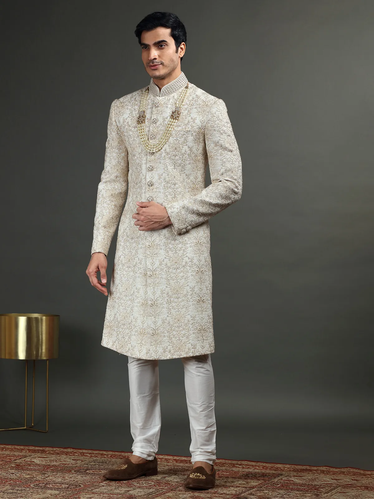 White georgette groom wear sherwani