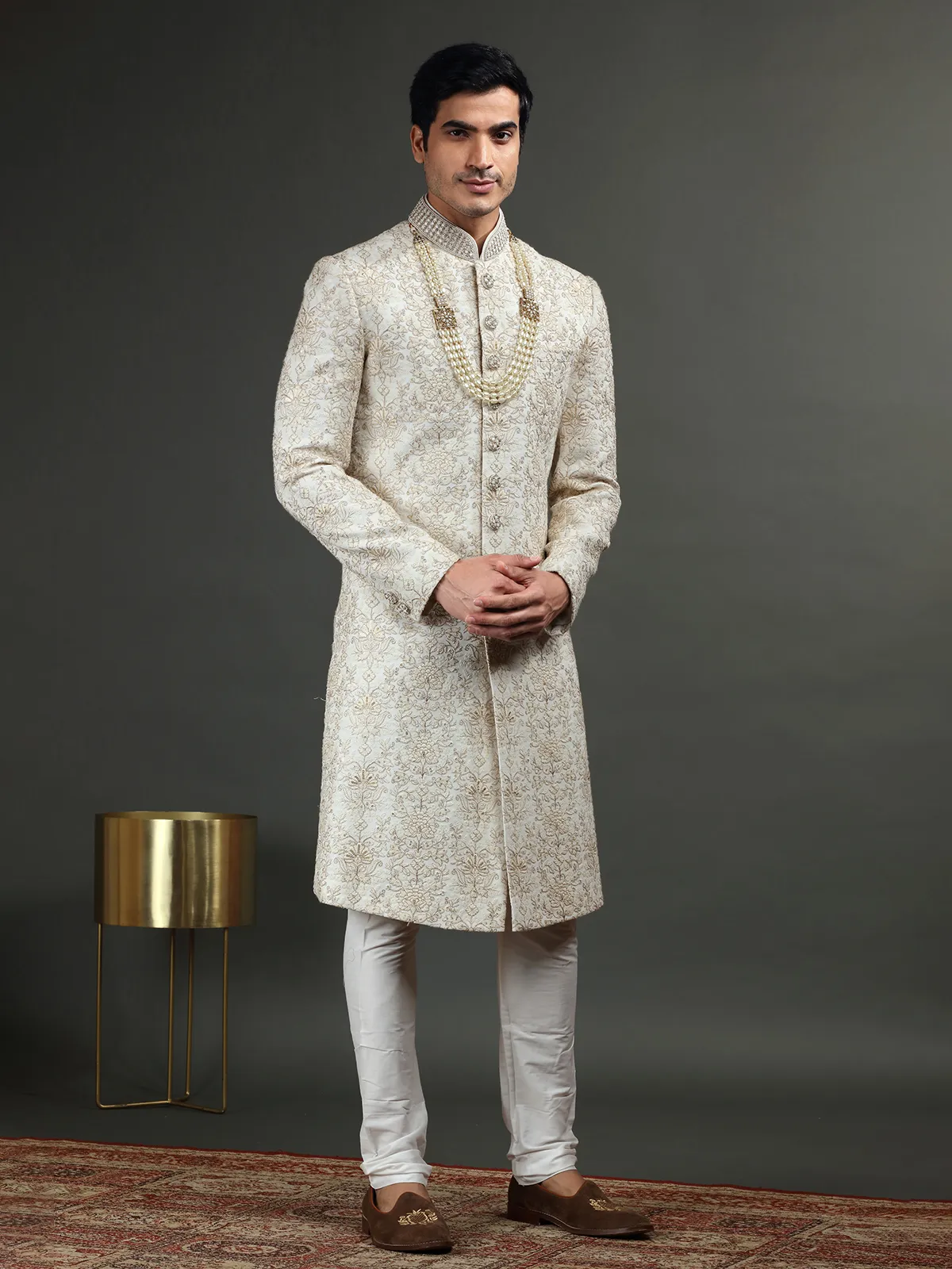 White georgette groom wear sherwani