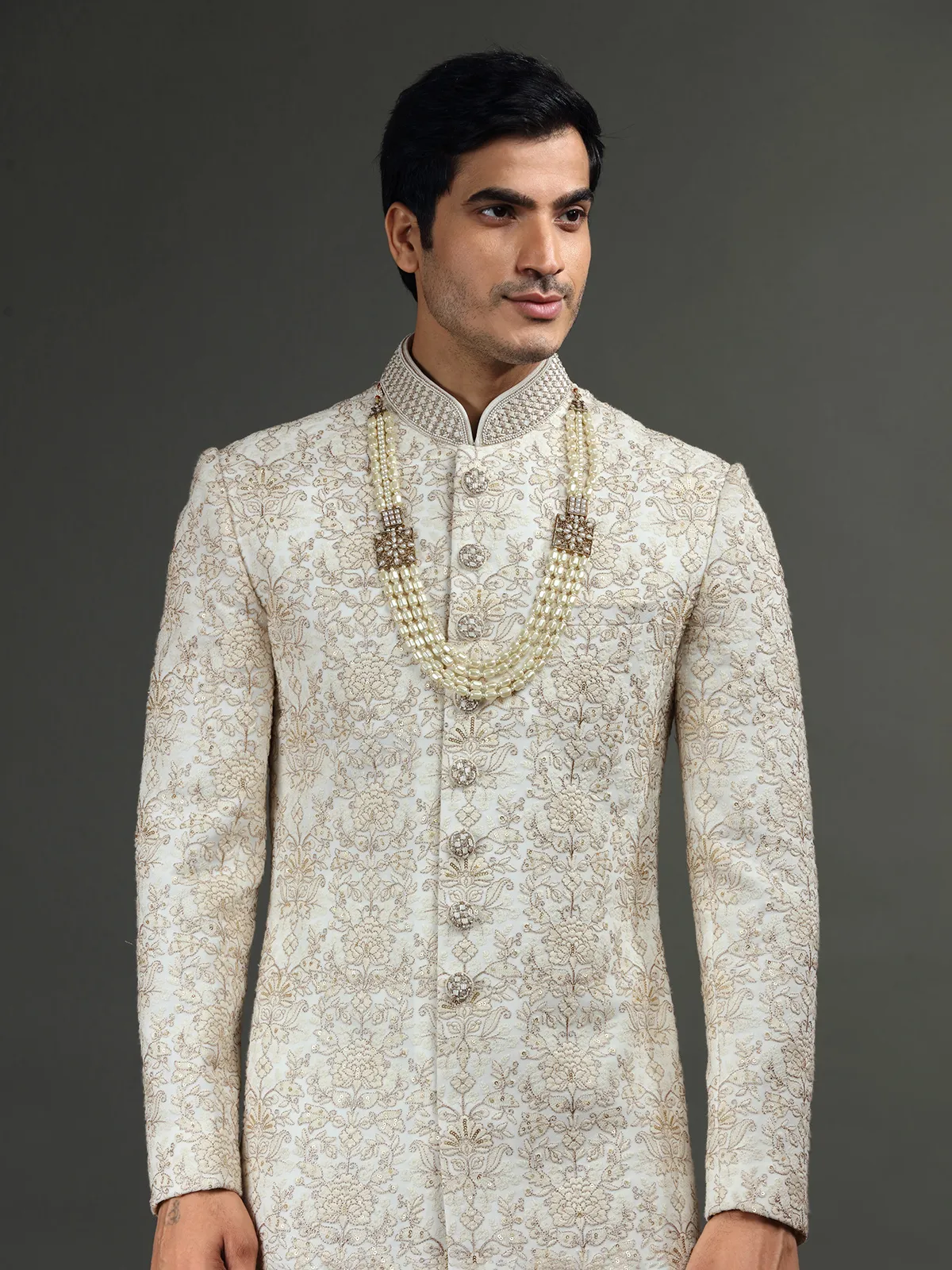 White georgette groom wear sherwani