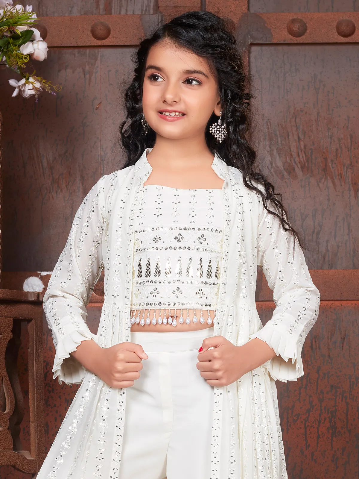 White georgette palazzo suit with shrug