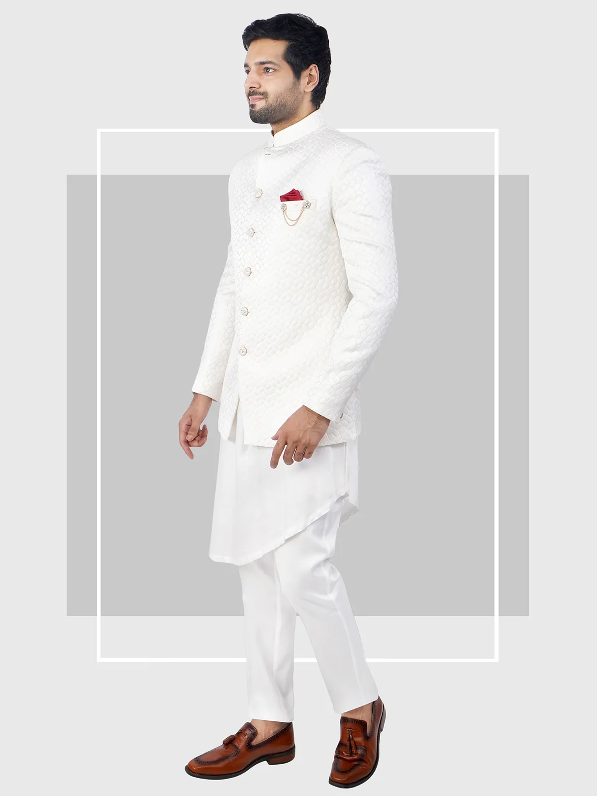 White hued wedding wear jacquard indowestern for men