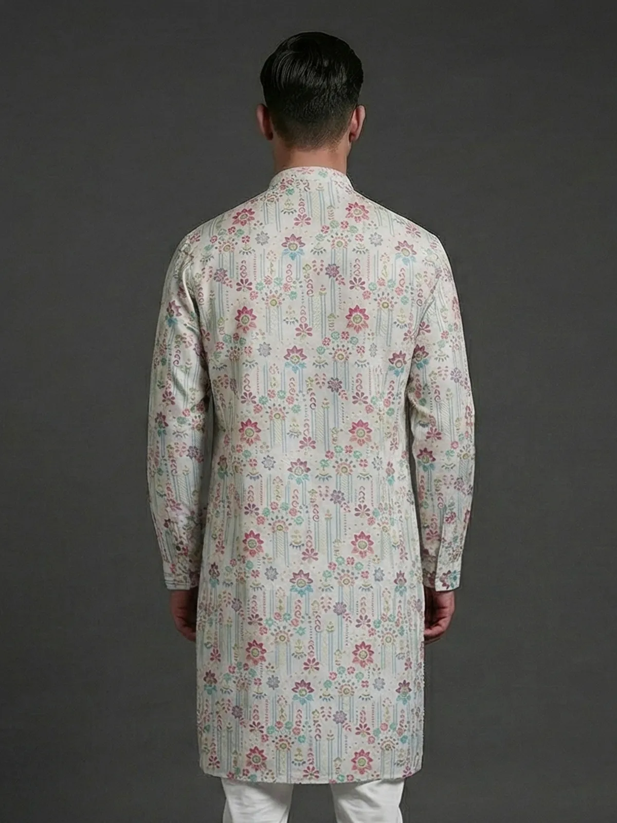 White linen printed thread sequins festive wear kurta