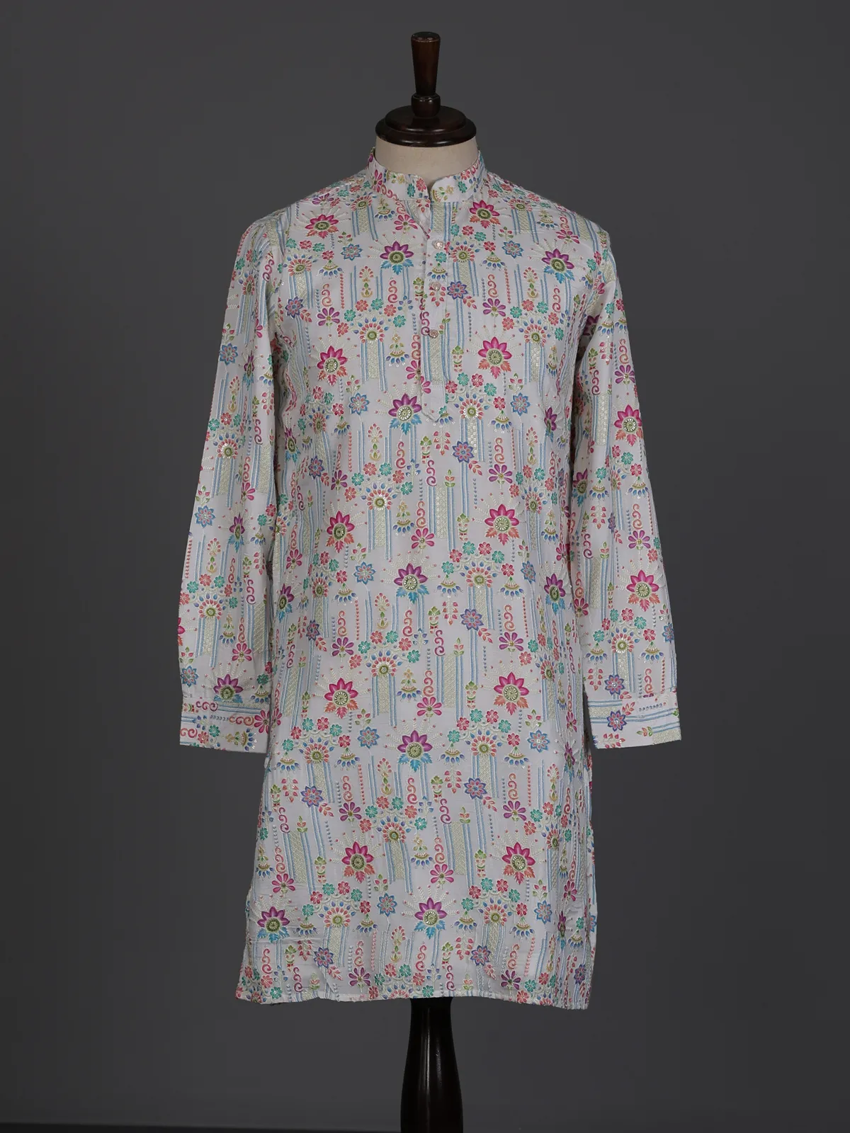 White linen printed thread sequins festive wear kurta