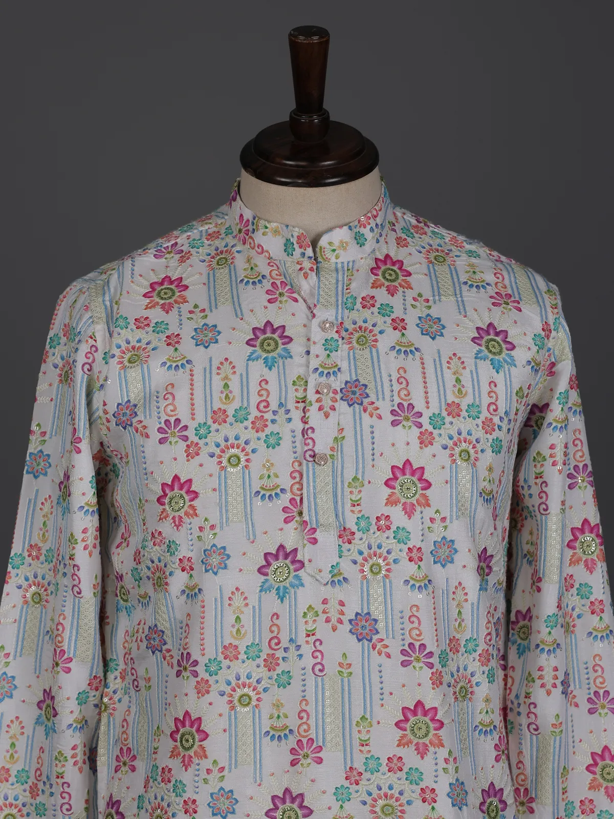 White linen printed thread sequins festive wear kurta