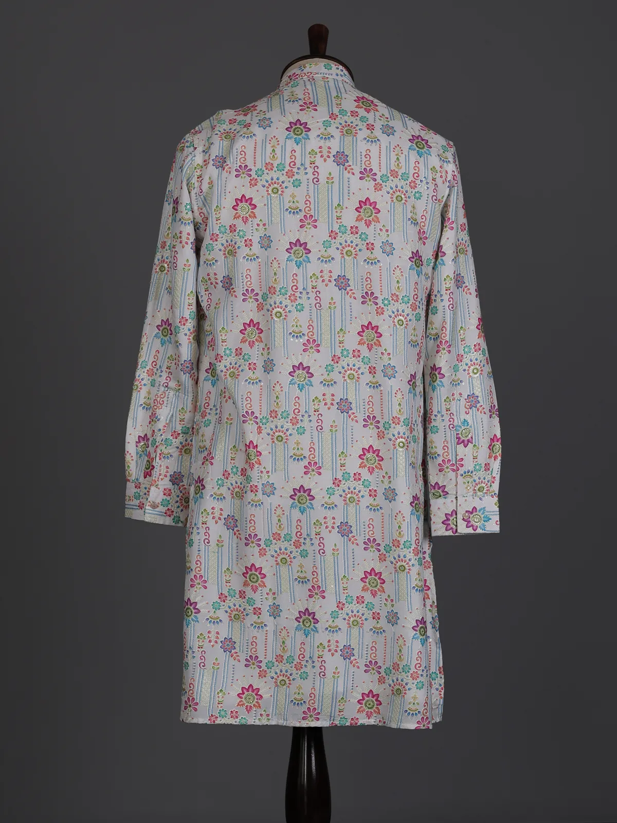 White linen printed thread sequins festive wear kurta