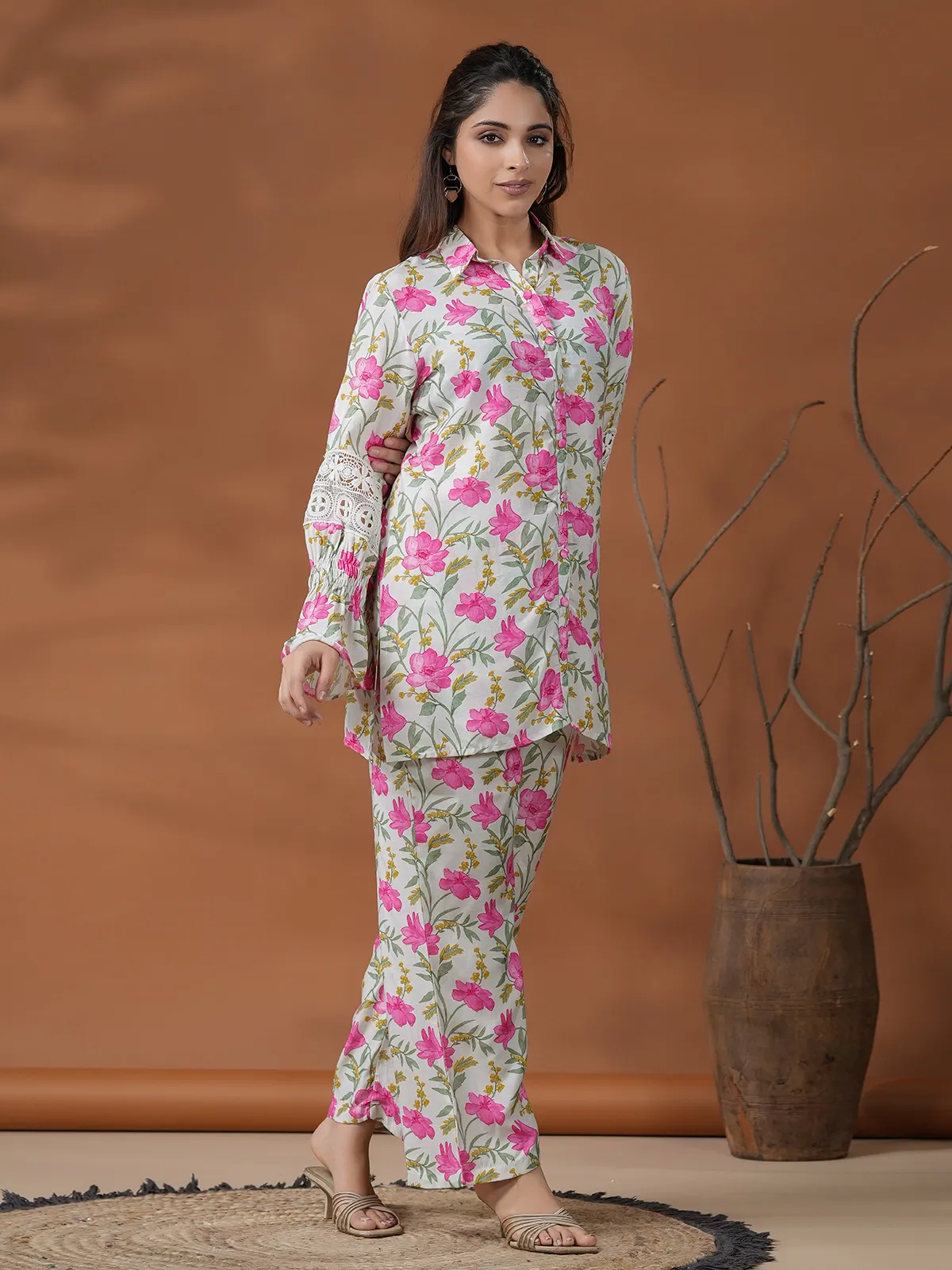 White modal silk floral printed co ord set