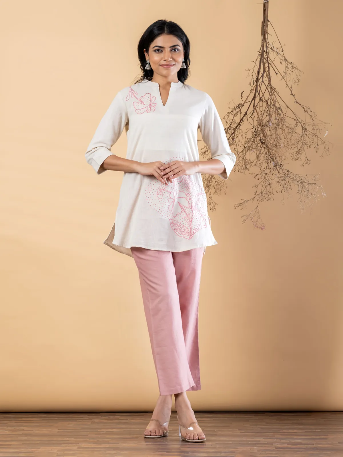 White pink cotton embroidered motif casual co ord set