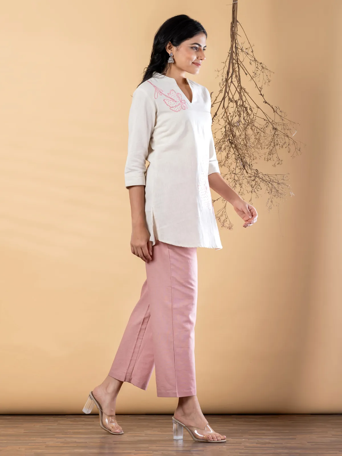 White pink cotton embroidered motif casual co ord set