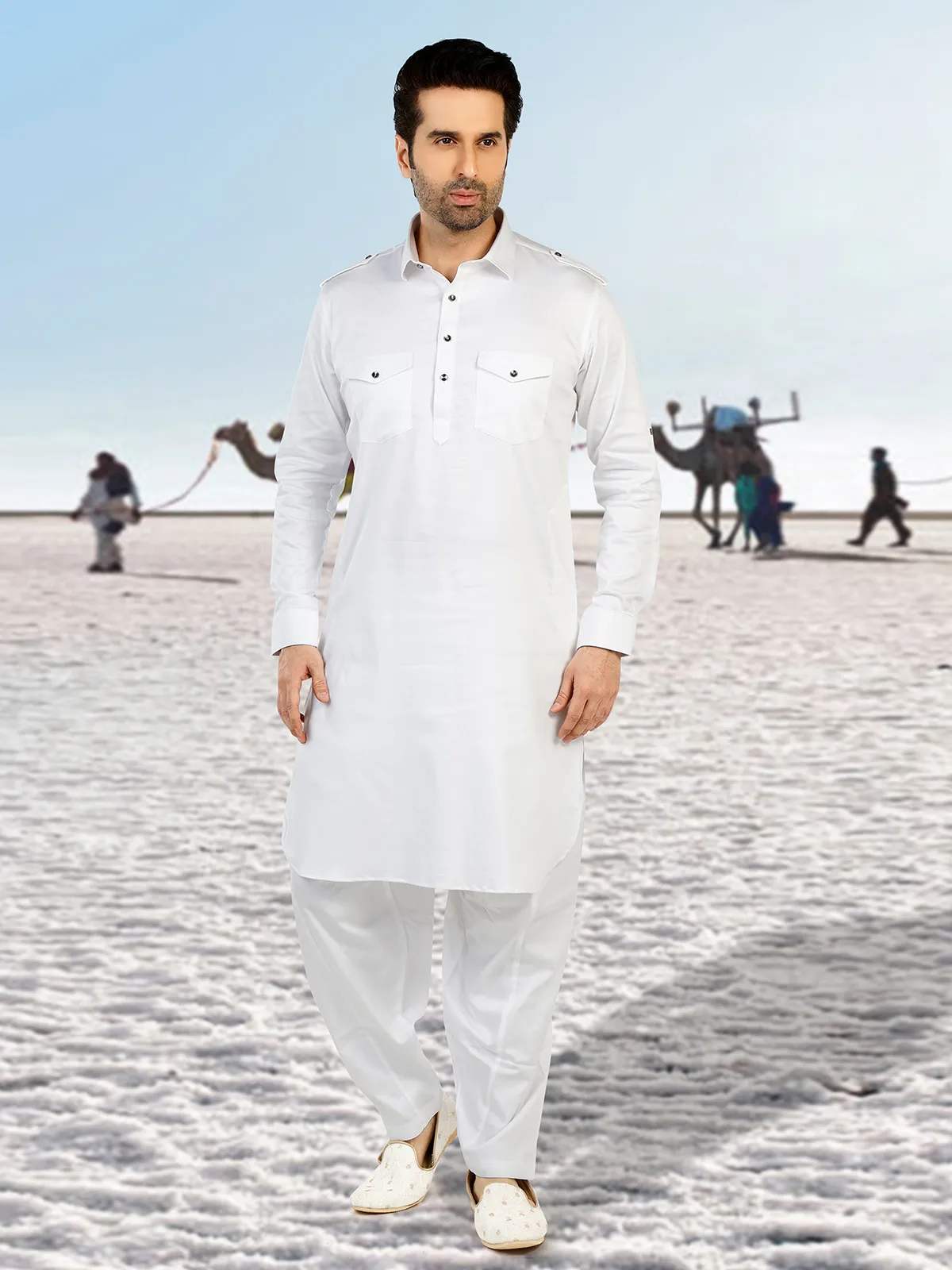 White plain cotton pathani suit