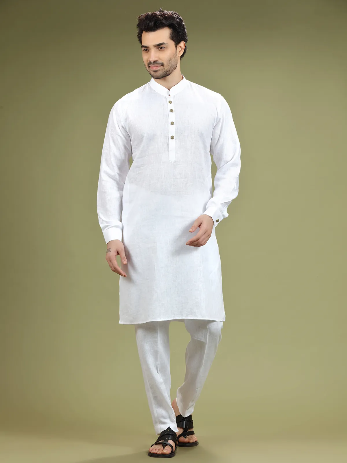 White plain linen  Men Kurta pajama