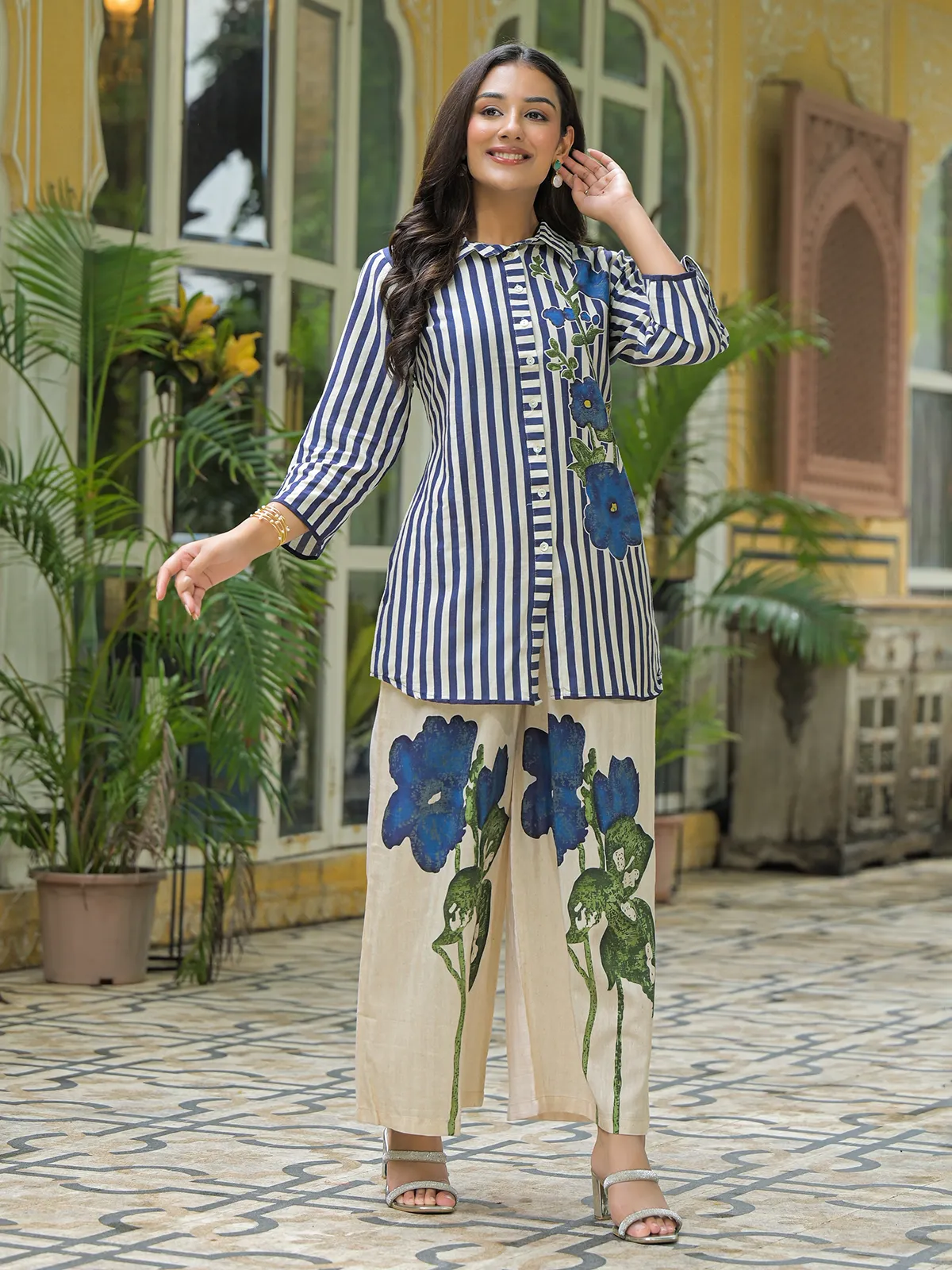 White printed cotton co ord set for casual