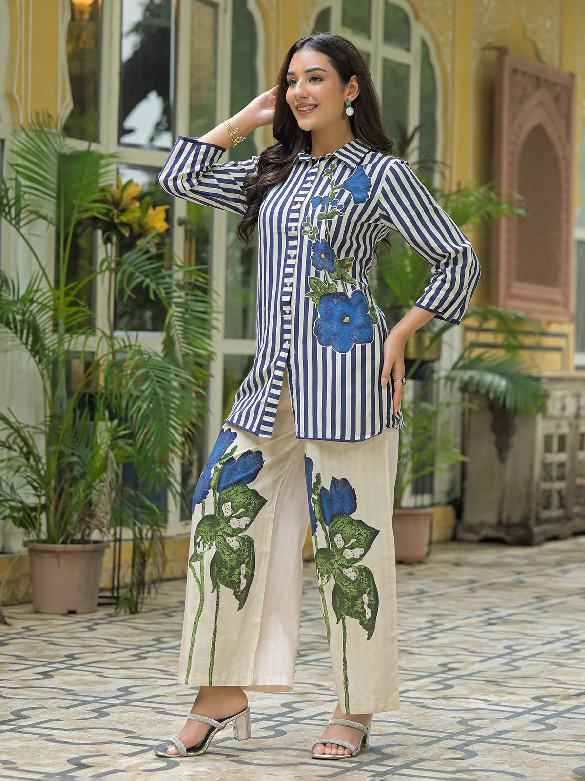 White printed cotton co ord set for casual