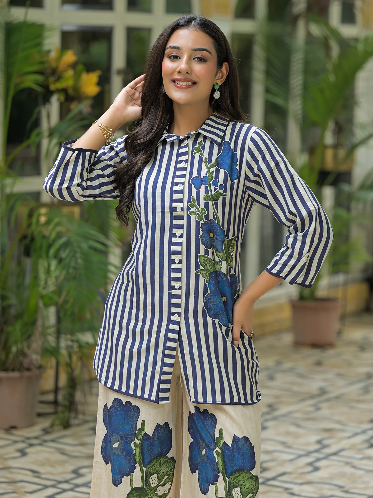 White printed cotton co ord set for casual