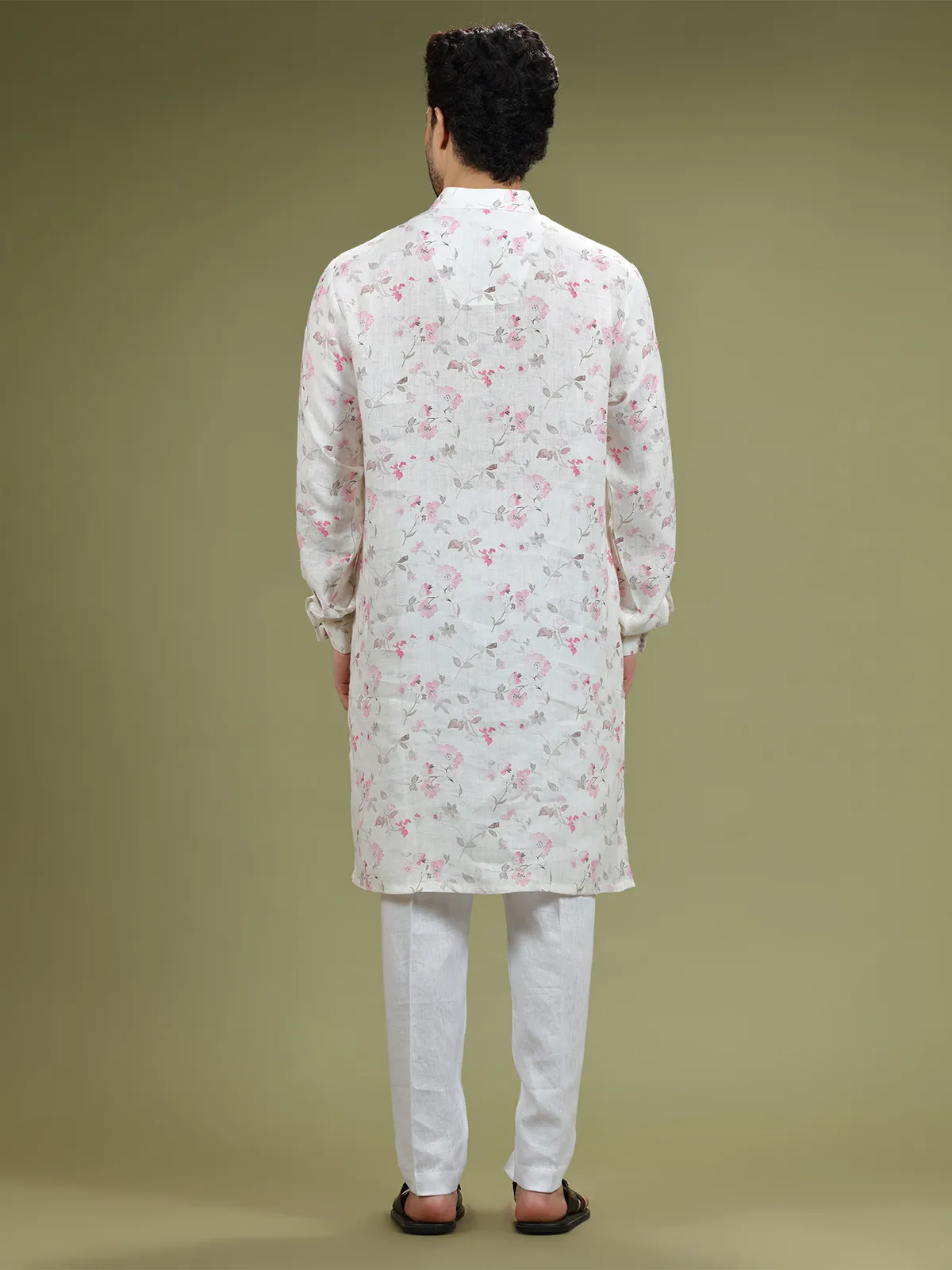 White printed linen festive  Men Kurta pajama