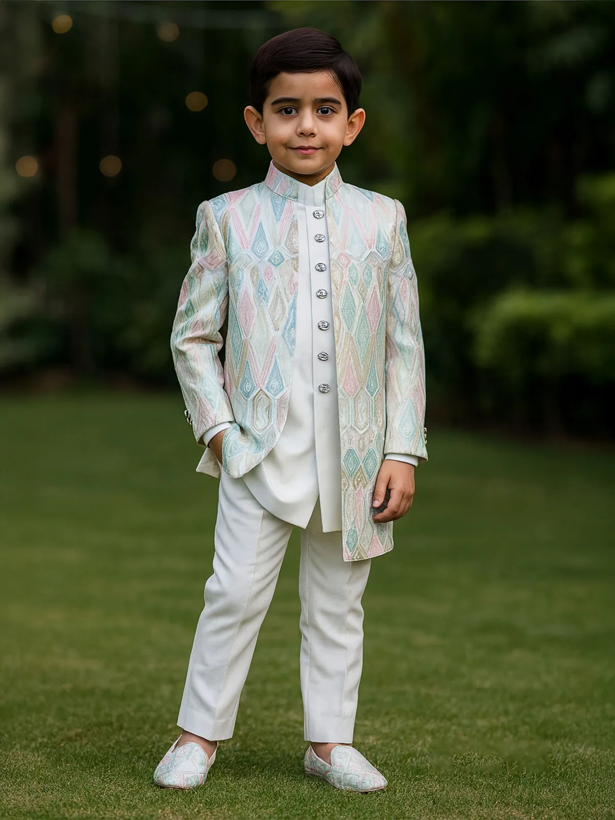 White printed terry rayon indowestern suit for boys