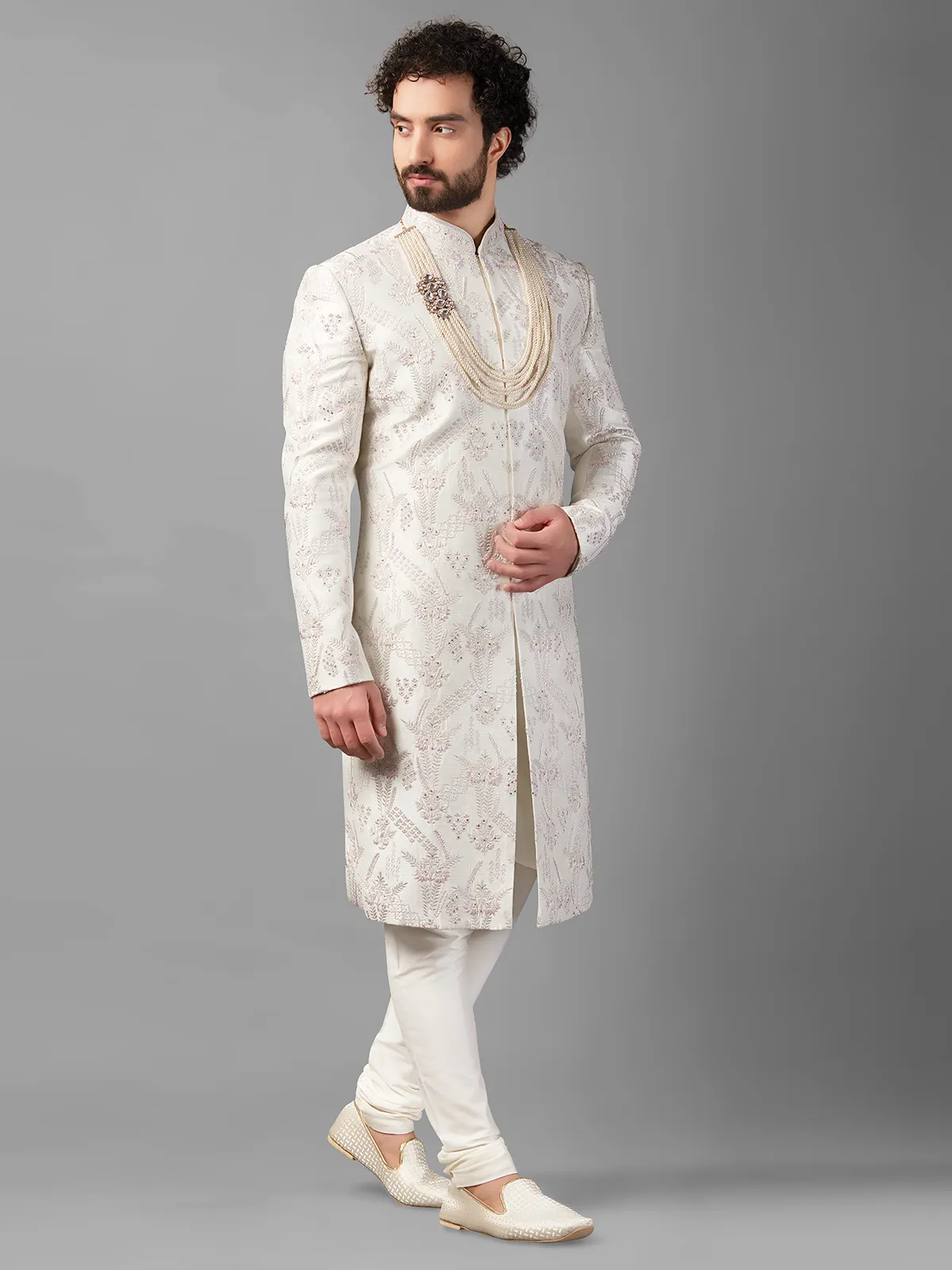 White raw silk embellished sherwani
