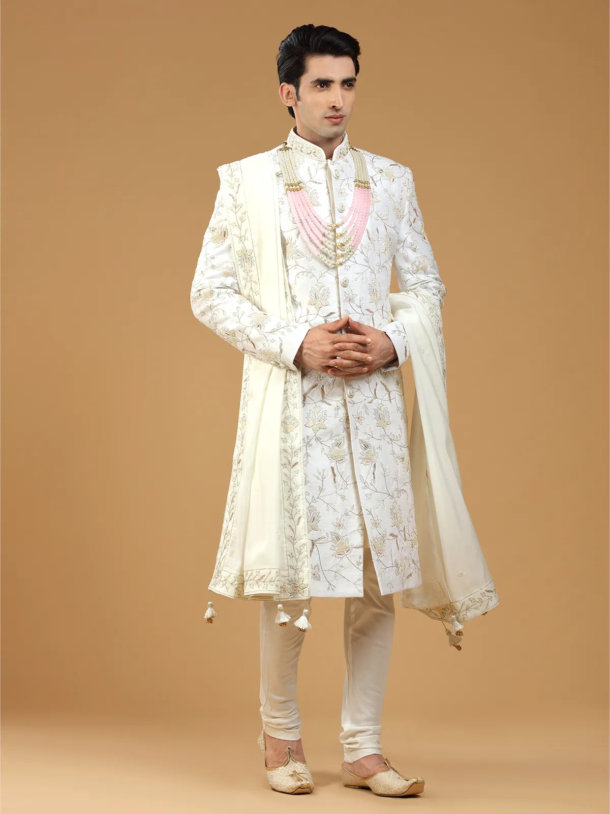 White raw silk sherwani