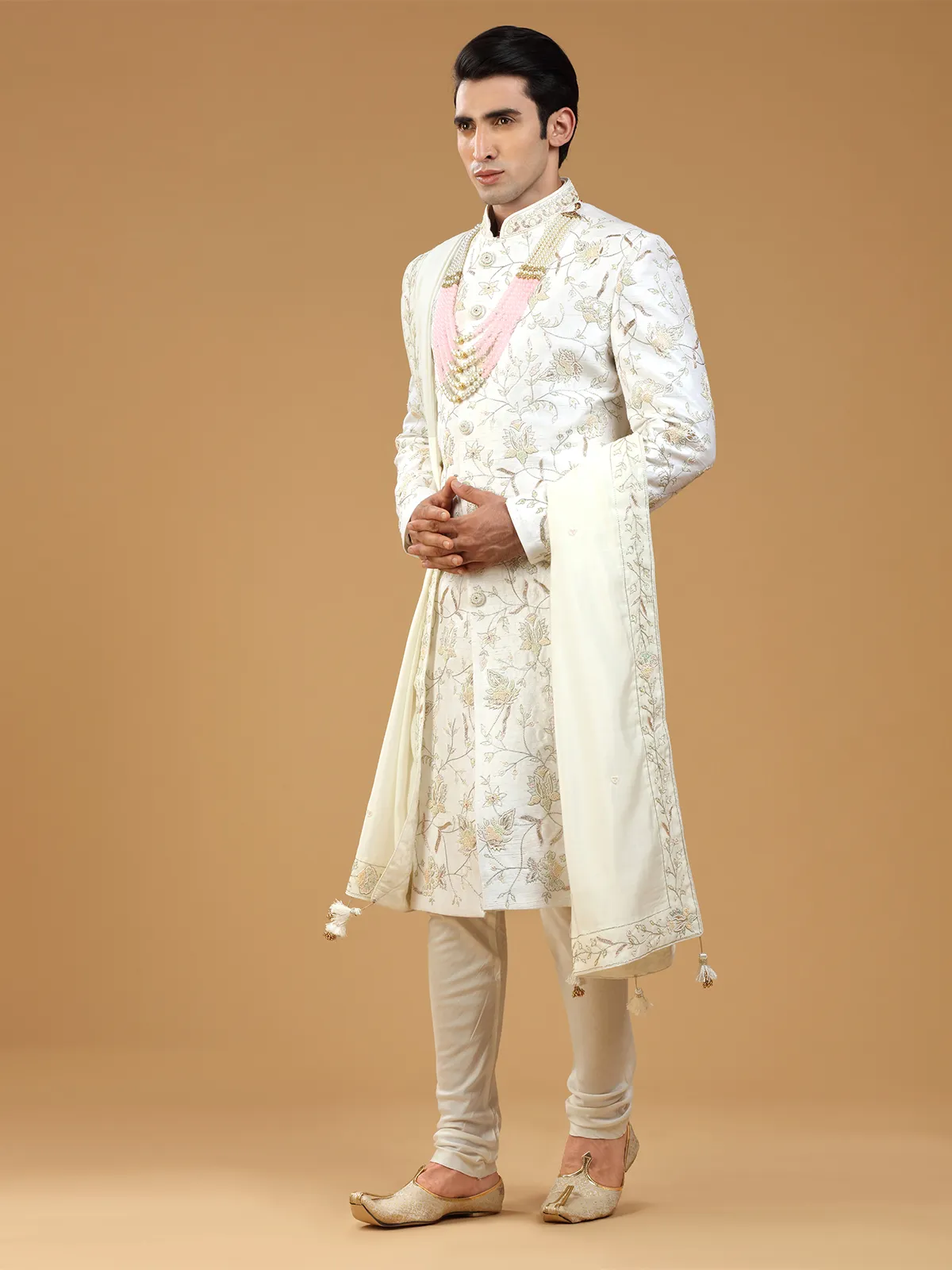 White raw silk sherwani