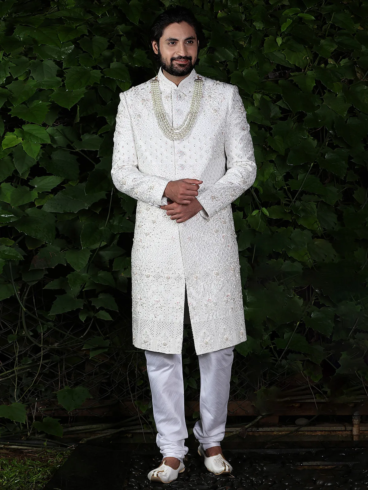 White raw silk wedding wear sherwani