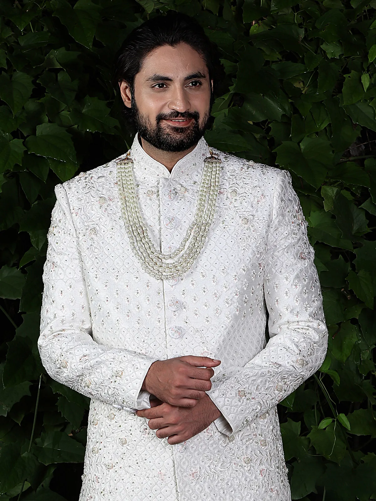 White raw silk wedding wear sherwani