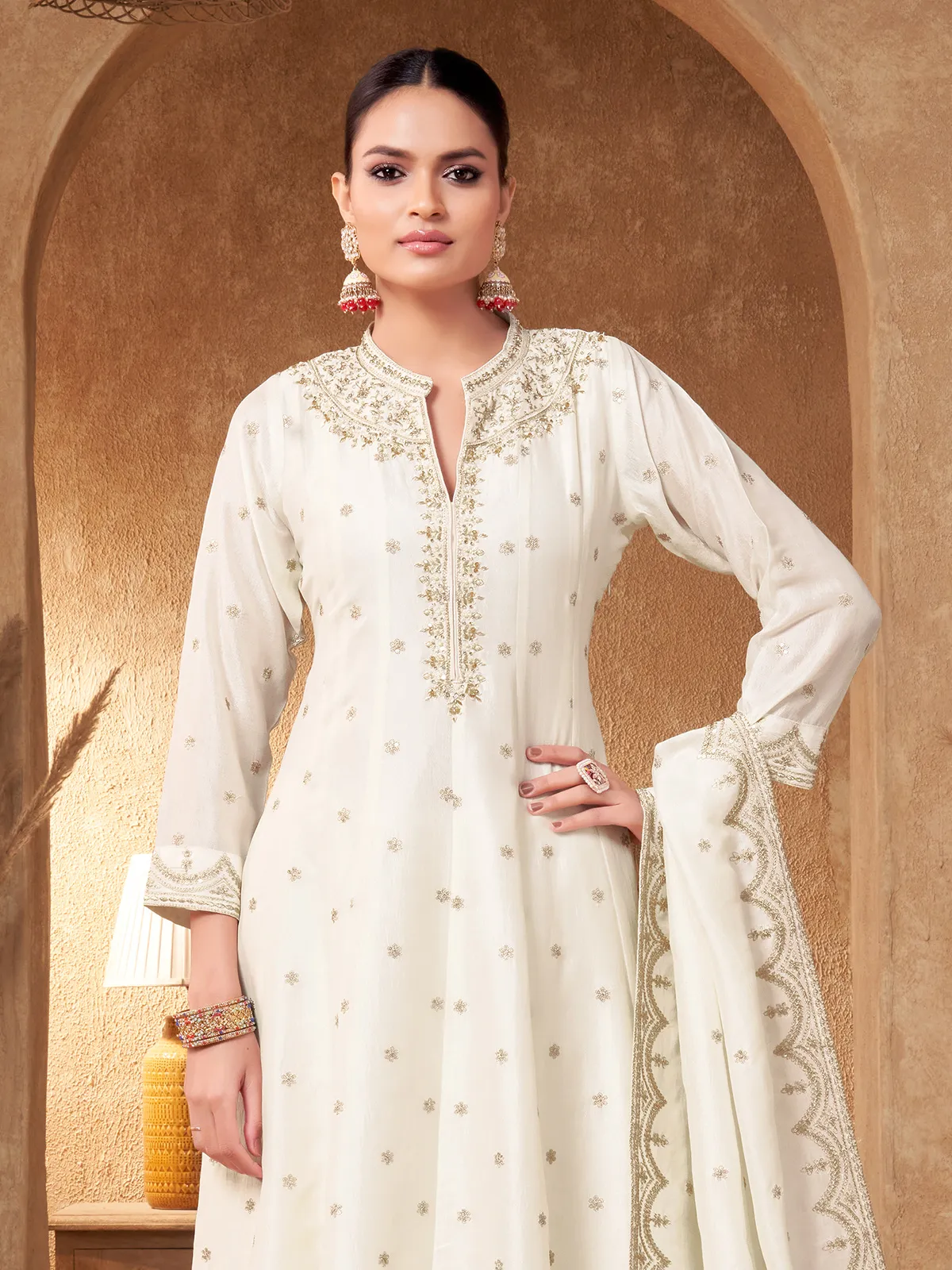 white embroidered anarkali dress White and Gold Gown Style Embroidered Anarkali Suit main image 0