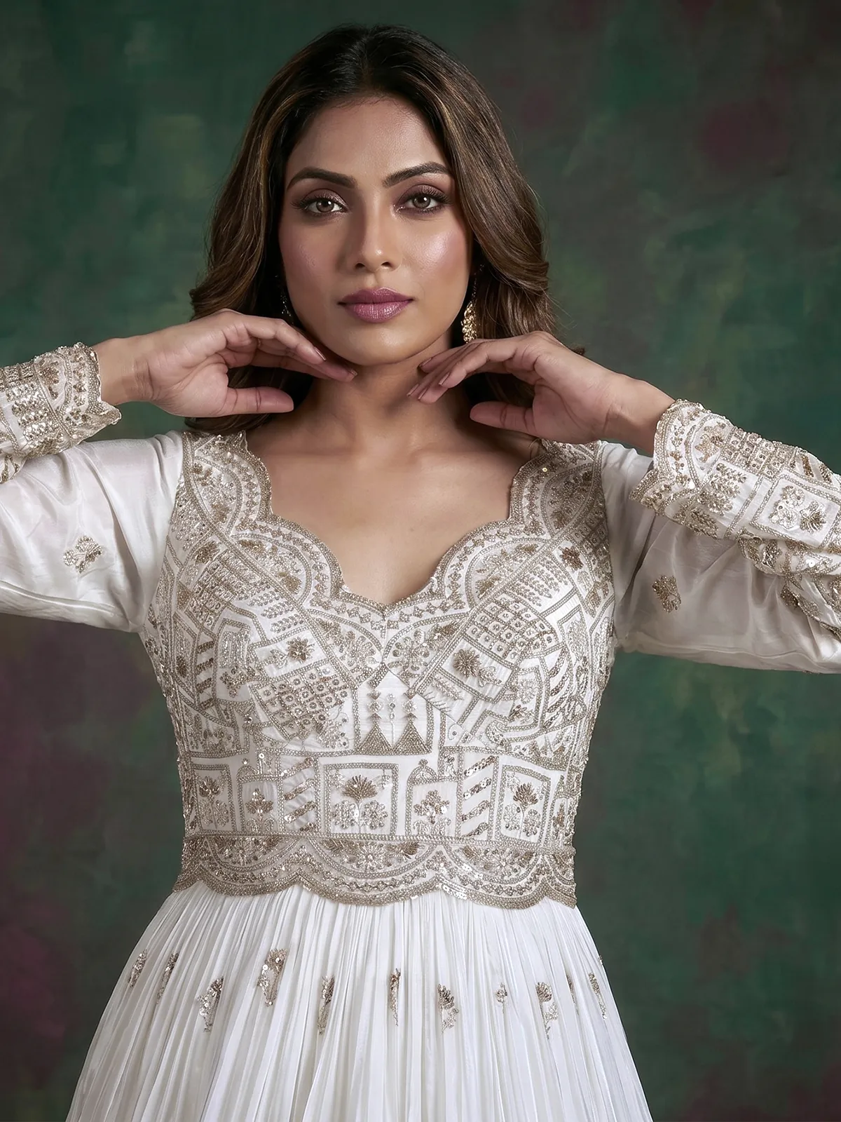 white silk anarkali dress White Vichitra Silk Anarkali Suit with Rani Pink Heavy Dupatta