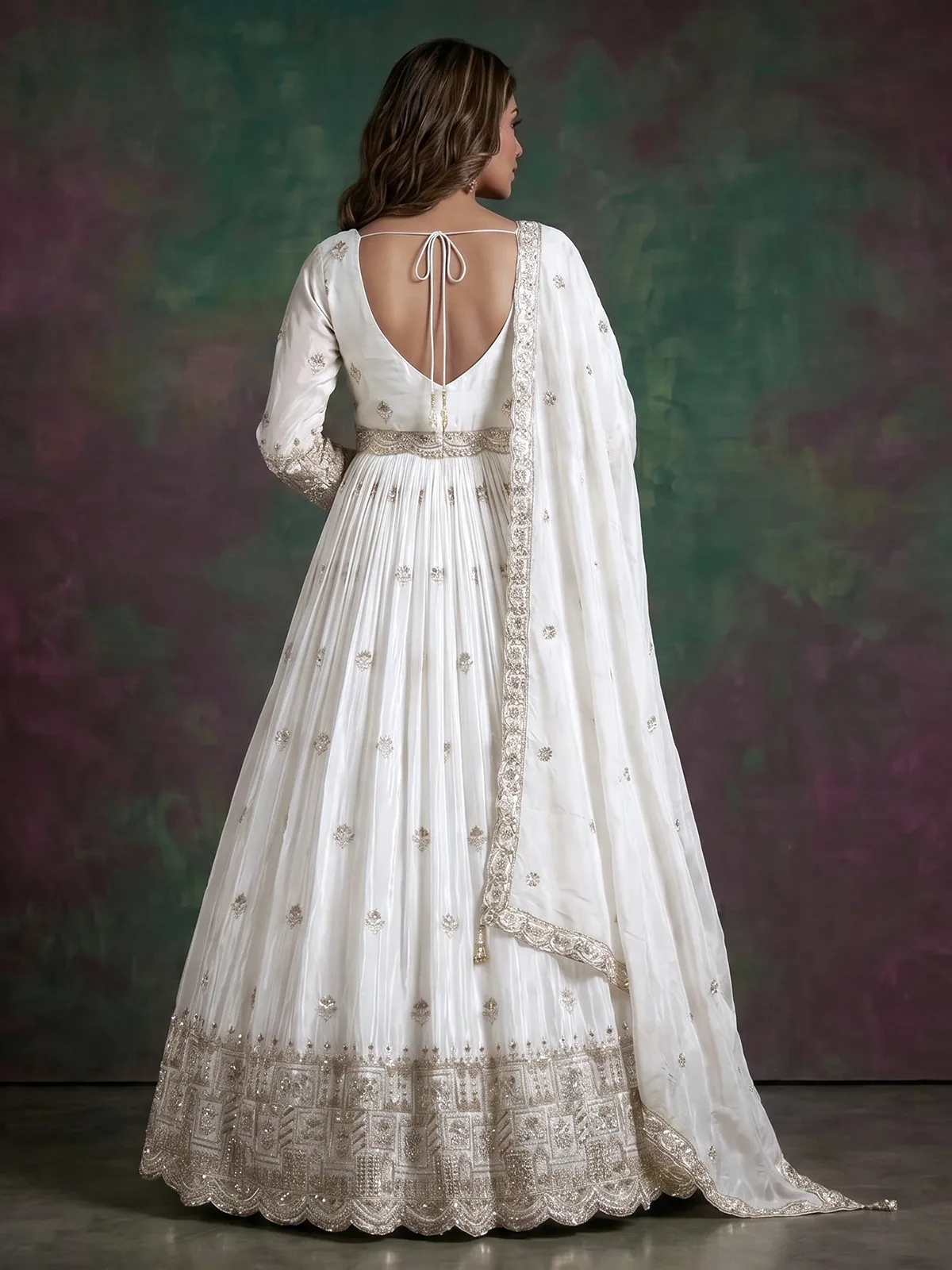 long sleeve anarkali dress for wedding White Silk Embellished Anarkali Salwar Suit For Celebrations