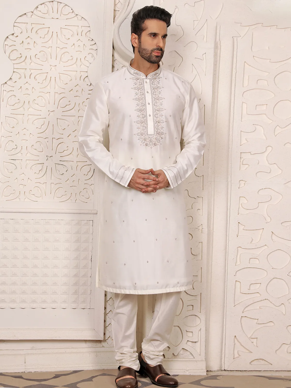 White silk festive wear Kurta Set for Men