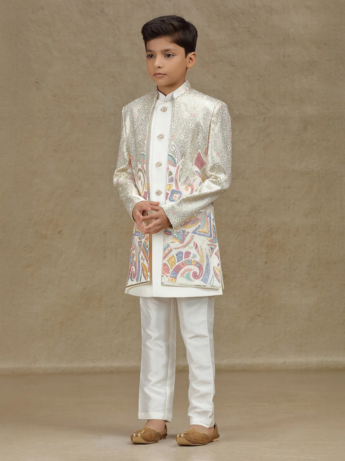 White silk indowestern with sequins work