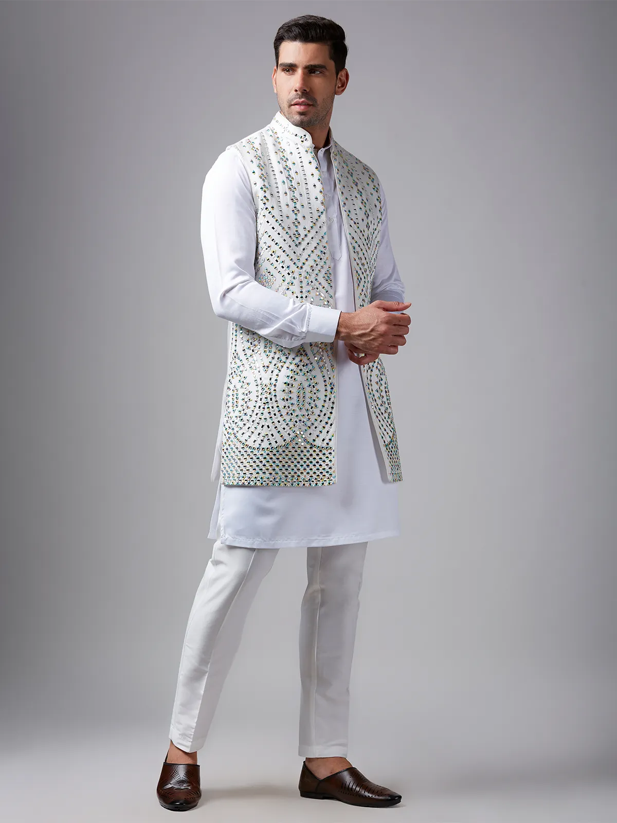 White silk mirror work waistcoat set