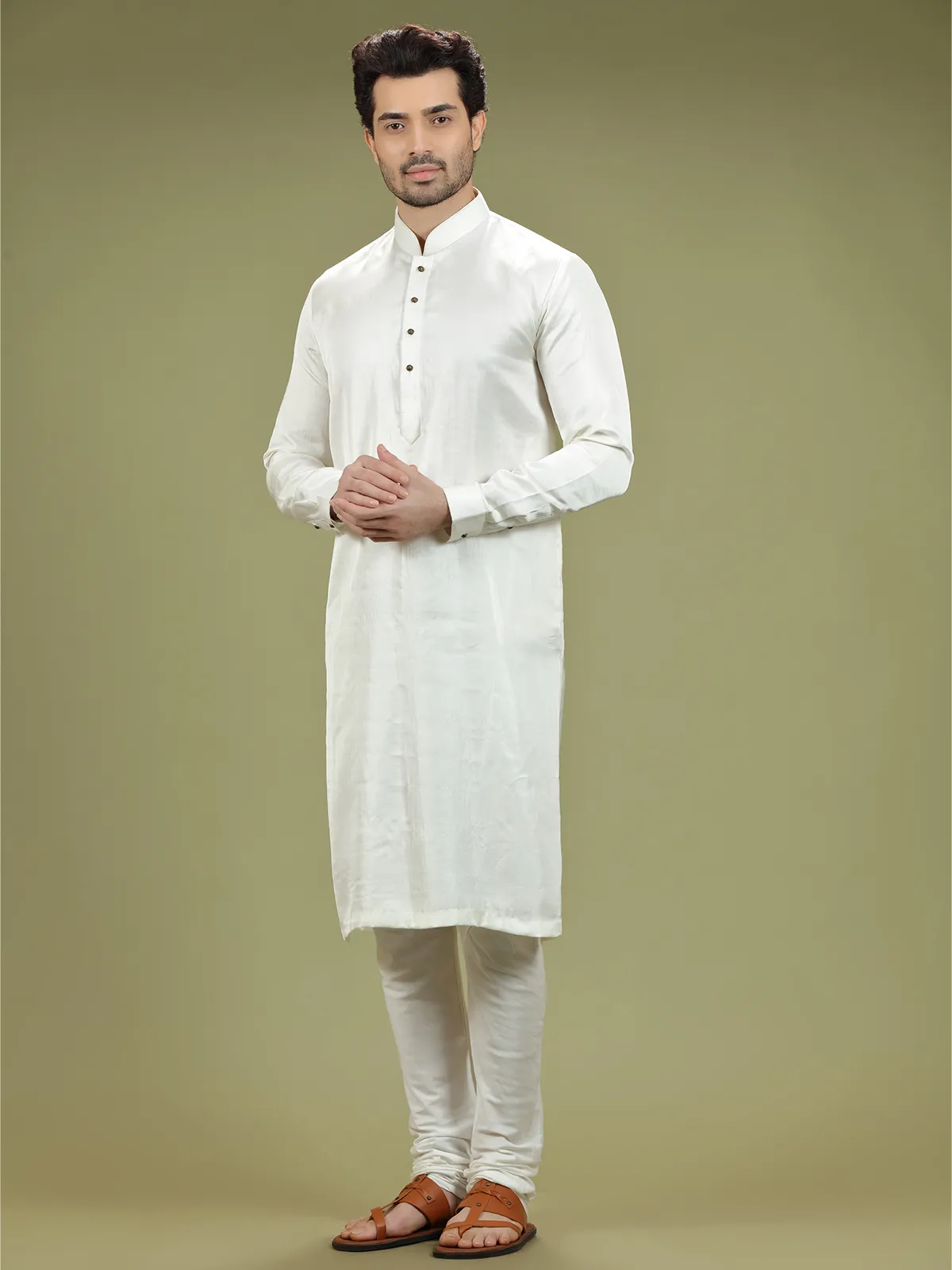 White silk plain  Men Kurta pajama