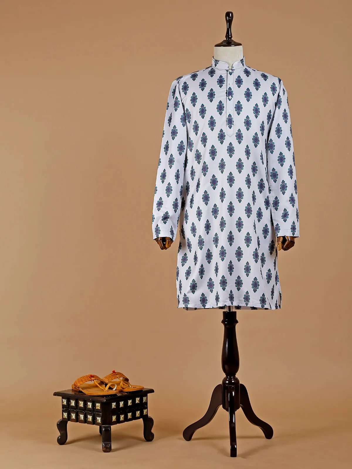 White silk printed kurta