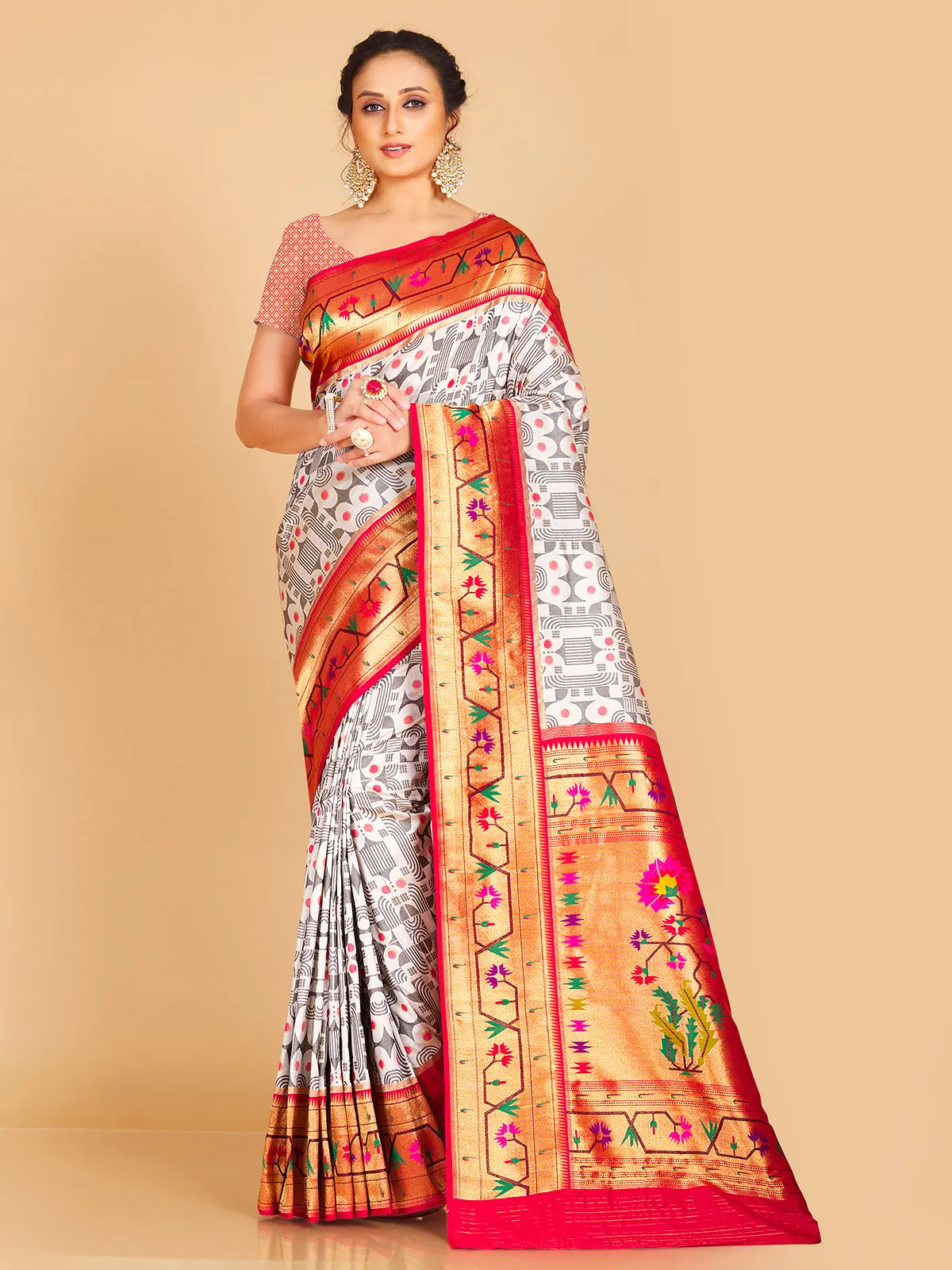 White silk printed saree with contrast border