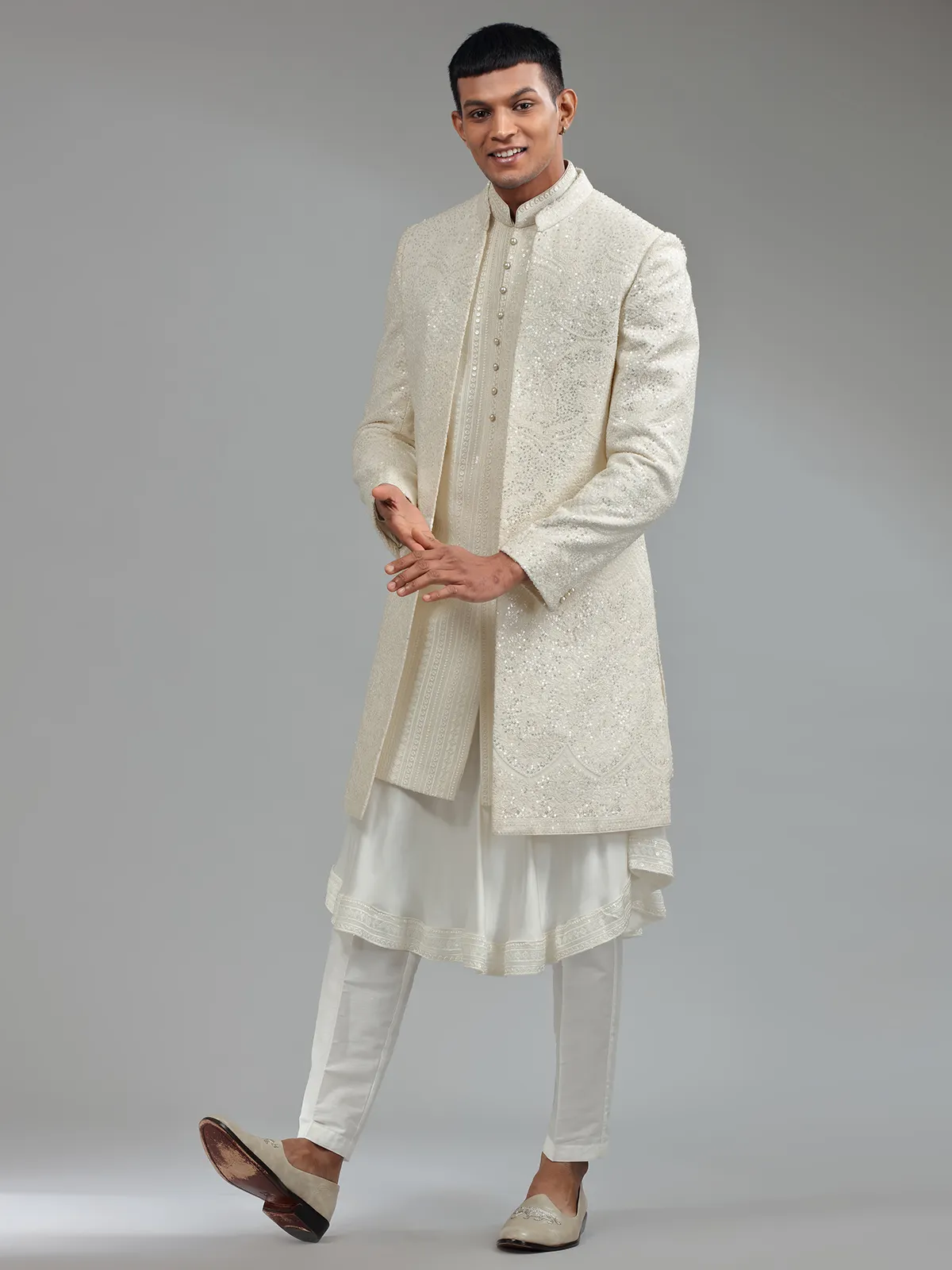 White silk sherwani with dupatta