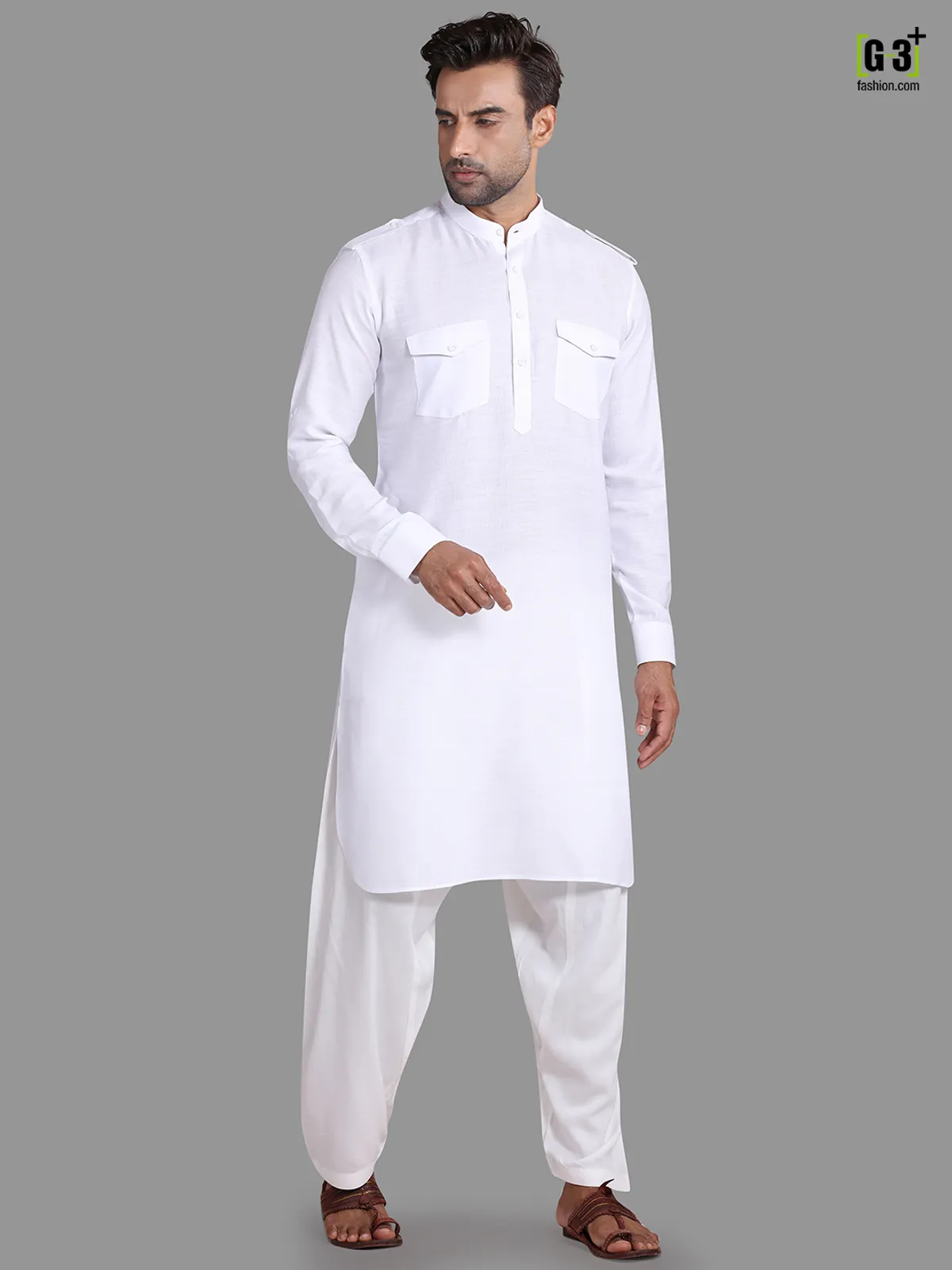 White solid pathani suit for festive wear