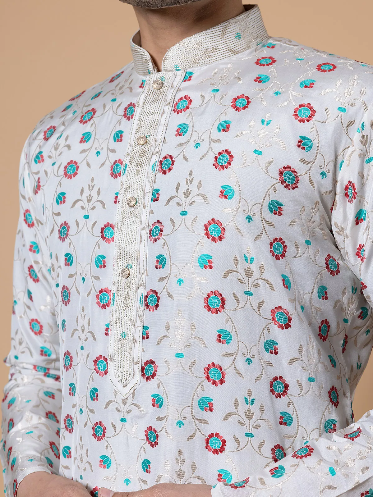 White stylish printed  Men Kurta pajama in silk