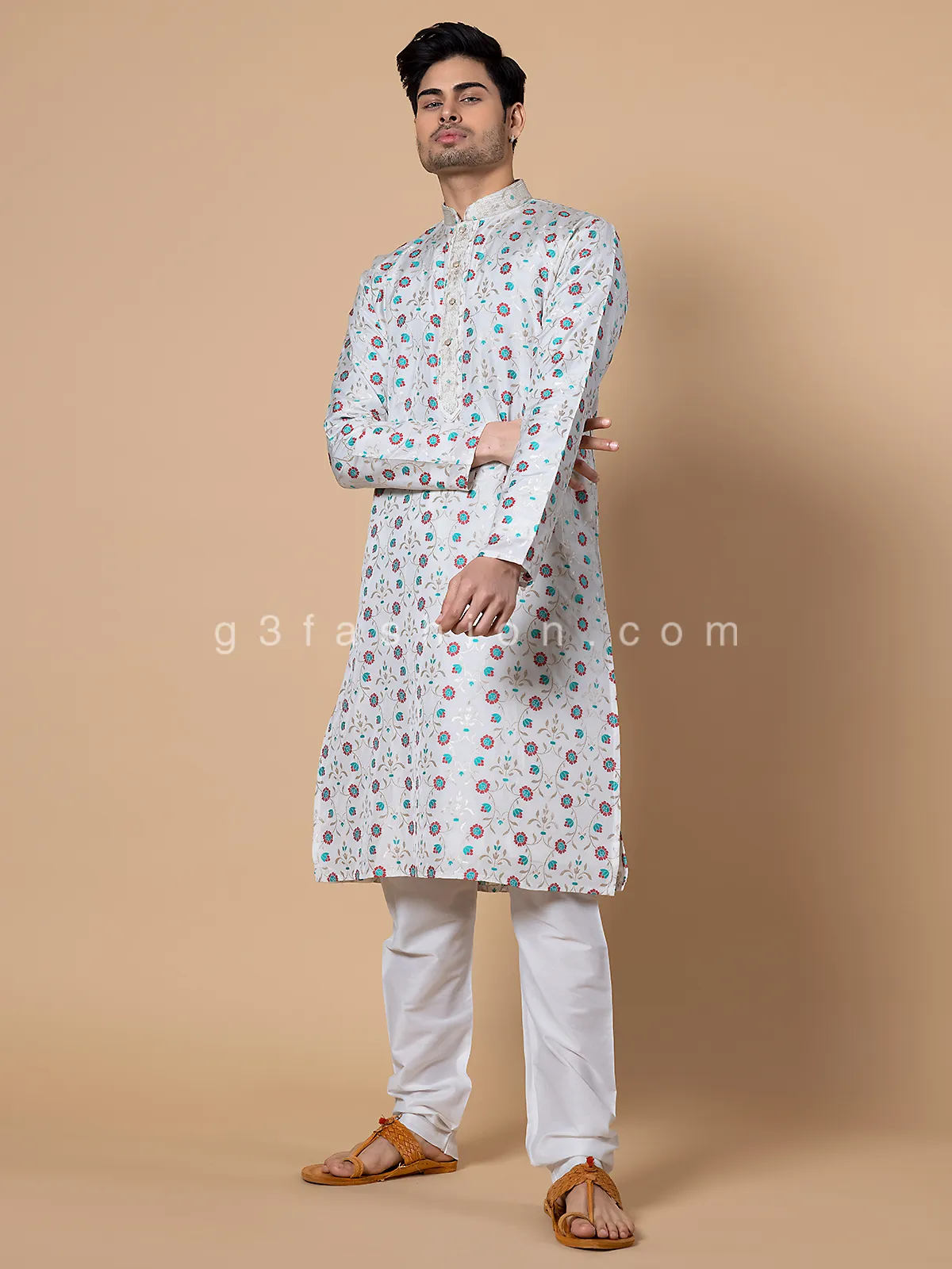 White stylish printed  Men Kurta pajama in silk